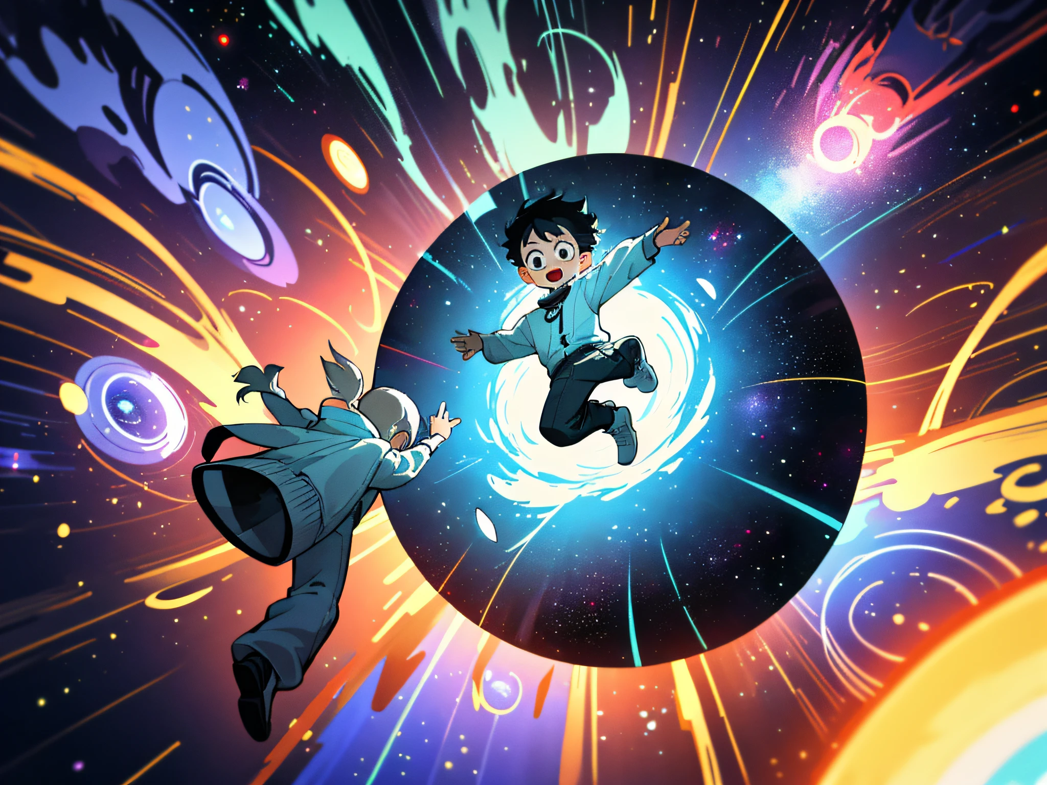 The little boy enters the time-space vortex（keyword：through，space time，adventures，levitating） The little boy stepped behind the door curiously，Immediately feel a change in your body。He found himself in a time vortex，He found himself suspended in this space。