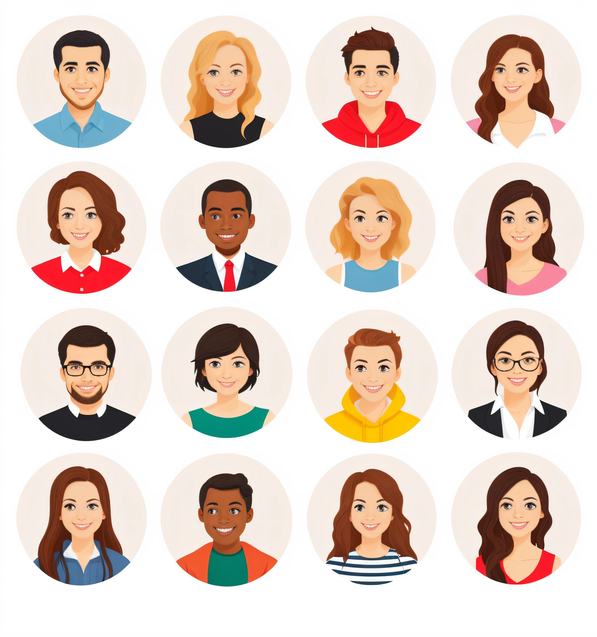 a group of people with different facial expressions and hair styles, mix of ethnicities and genders, professional profile picture, by Whitney Sherman, high quality portrait, cartoon style illustration, diverse faces, character faces, highly detailed characters, medium portrait, detailed characters, colorful character faces, cartoon illustration, avatar for website, detailed realistic smiling faces, by Aya Goda