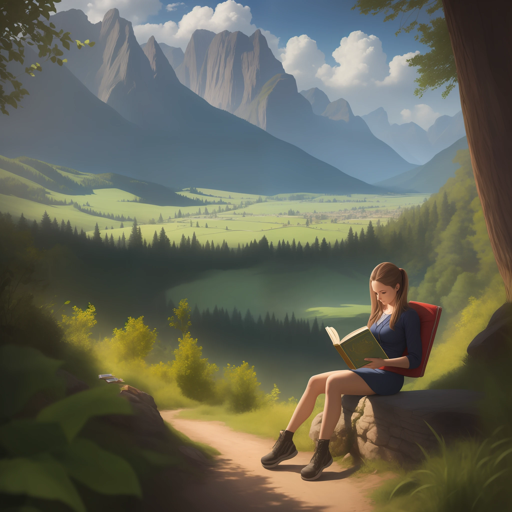 Ultra realistic, 4K, a woman on her back reading a book with a beautiful landscape in the background