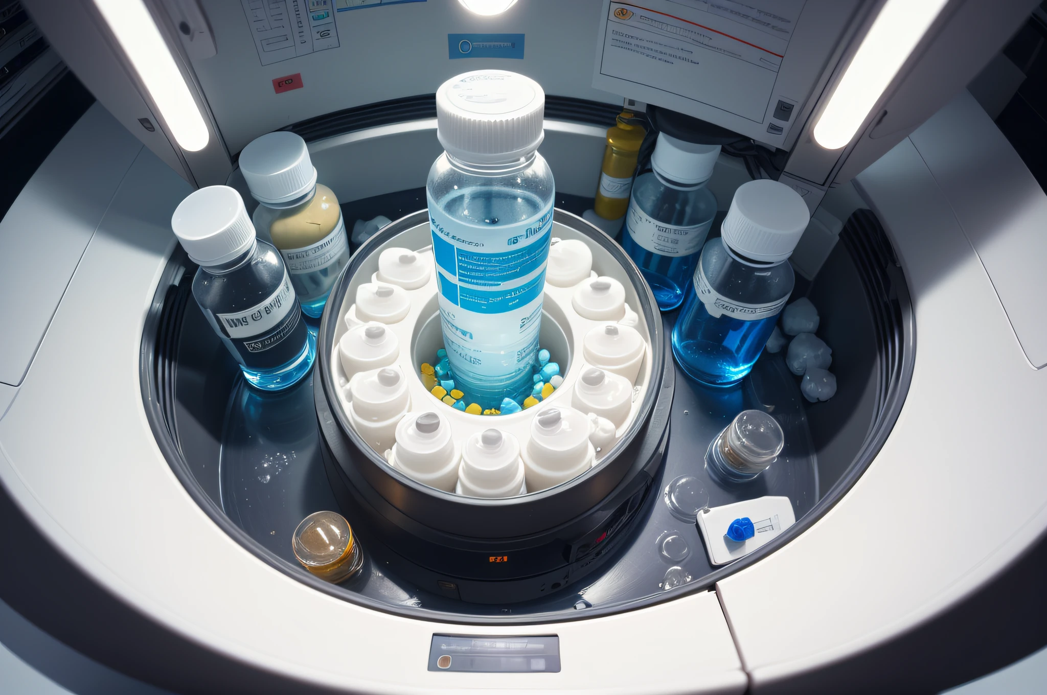 ((photo)), ((best quality)), ((masterpiece)), ((detailed)), a science laboratory with medical equipment and bright white light, looking down into an embryo storage freezer with glowing blue vials in an evenly spaced circular pattern and liquid nitrogen mist is swirling around the vials.
