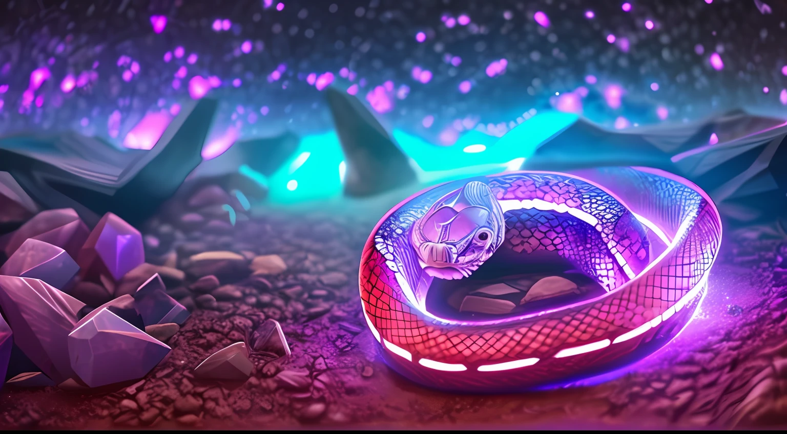 "(masterpiece) game original art style, fine depiction, (blue-purple light glowing crystal), crystal around (purple snake body), snake body with random pattern and blue glare, snake eyes (glowing light), mouth open, background is crystal cave, with light effect" --auto