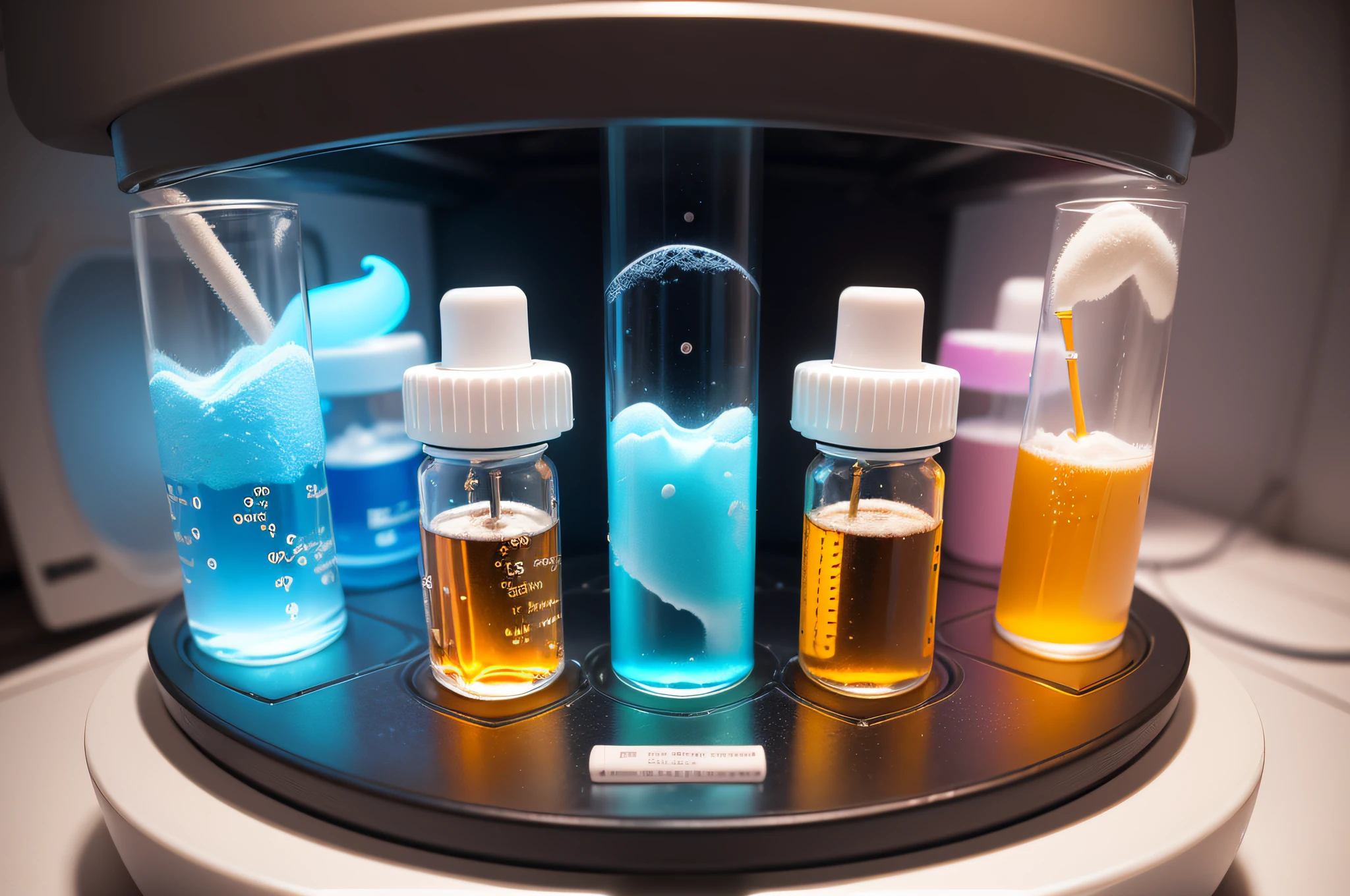((photo)), ((best quality)), ((masterpiece)), ((detailed)), a science laboratory with medical equipment and bright white light, looking down into an embryo storage freezer with glowing blue vials in an evenly spaced circular pattern and liquid nitrogen mist is swirling around the vials.
