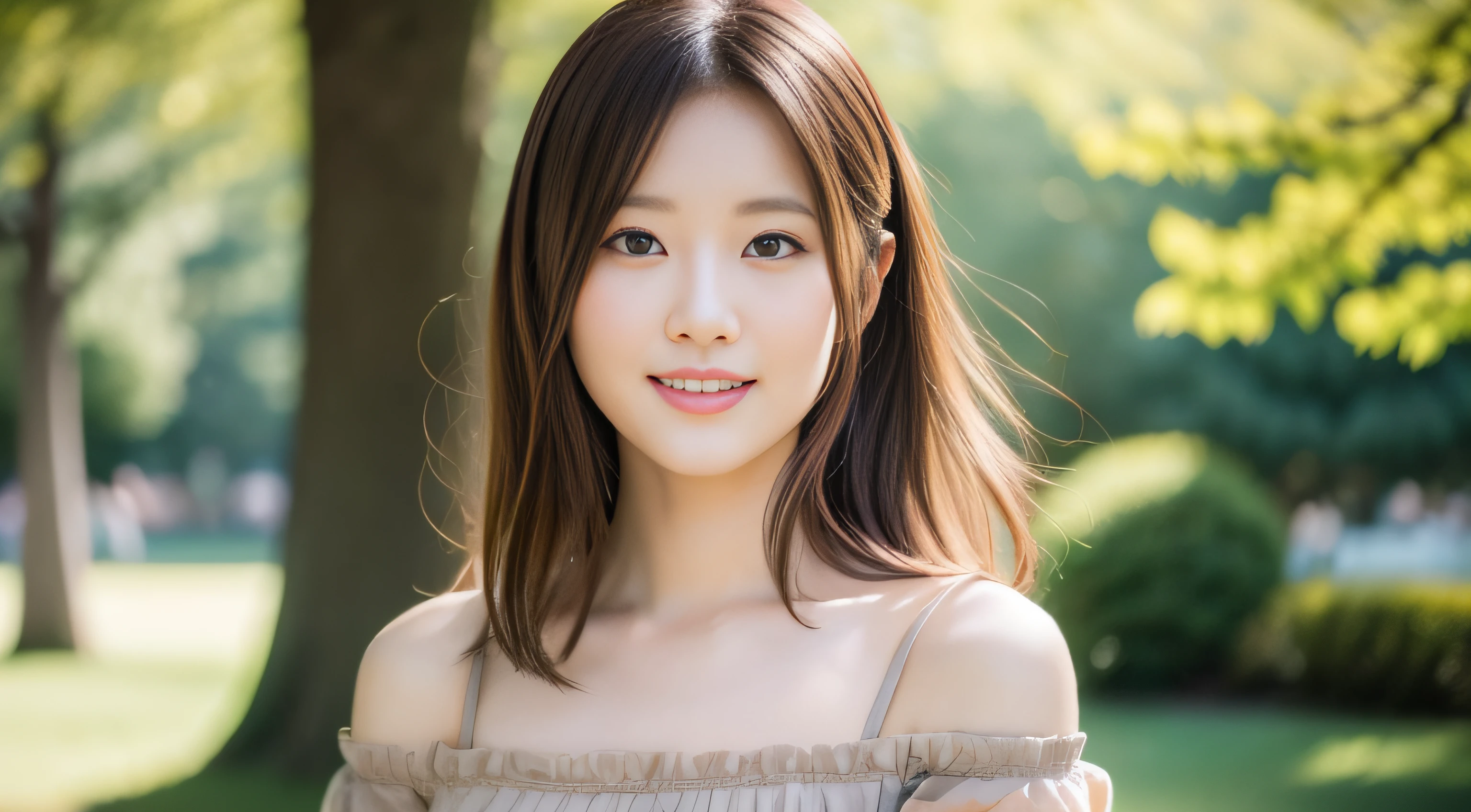 Pretty Japan Woman shoulder-length hair, light makeup, wearing a dress, in the park, clear facial features, 8K high resolution, 16:9, sharp and realistic details, from the outside, eye level shot, f/1.4.0, 135mm, Fujifilm, JPEG artifact, dithering, DVD, masterpiece, smile