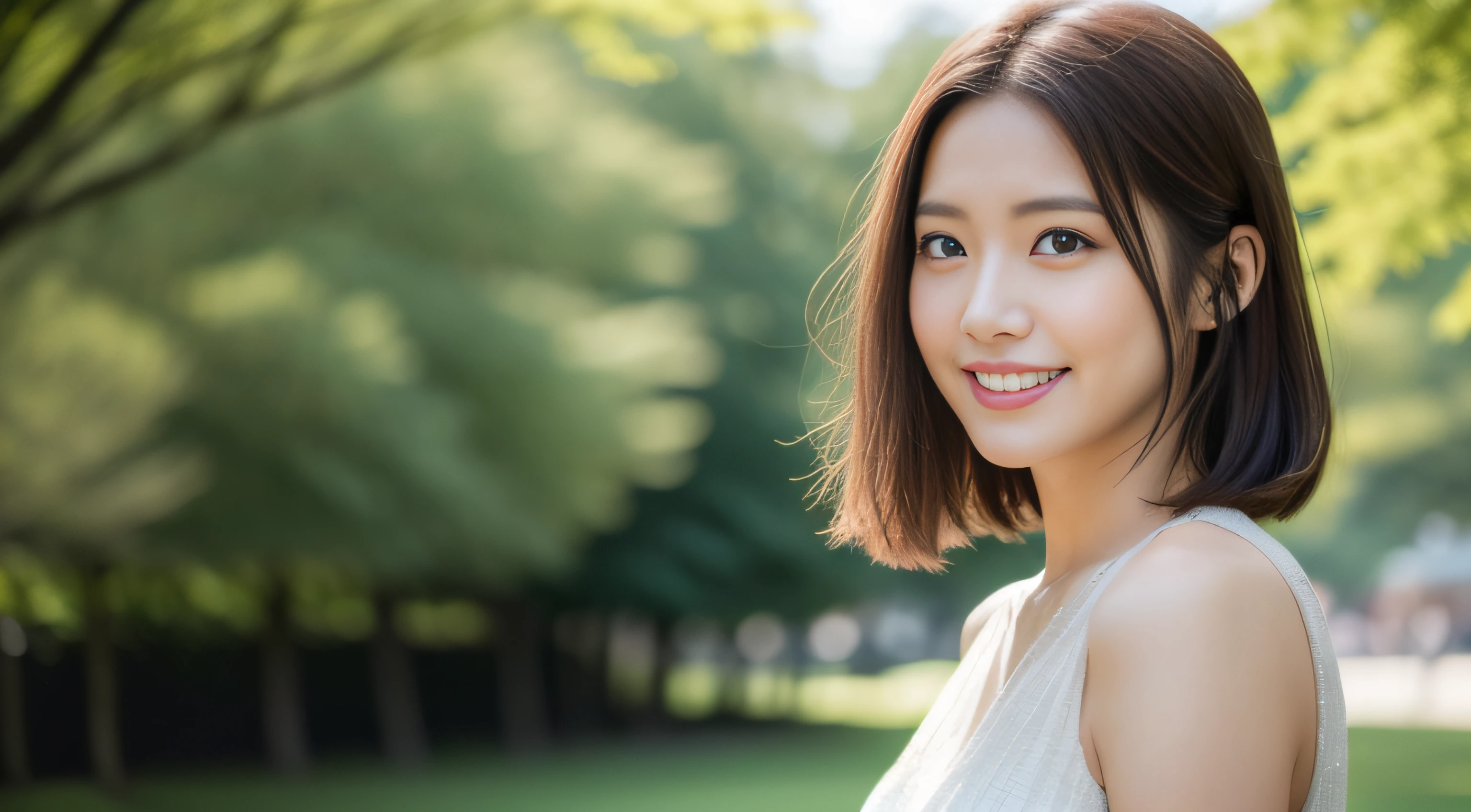 Pretty Japan Woman shoulder-length hair, light makeup, wearing a dress, in the park, clear facial features, 8K high resolution, 16:9, sharp and realistic details, from the outside, eye level shot, f/1.4.0, 135mm, Fujifilm, JPEG artifact, dithering, DVD, masterpiece, smile