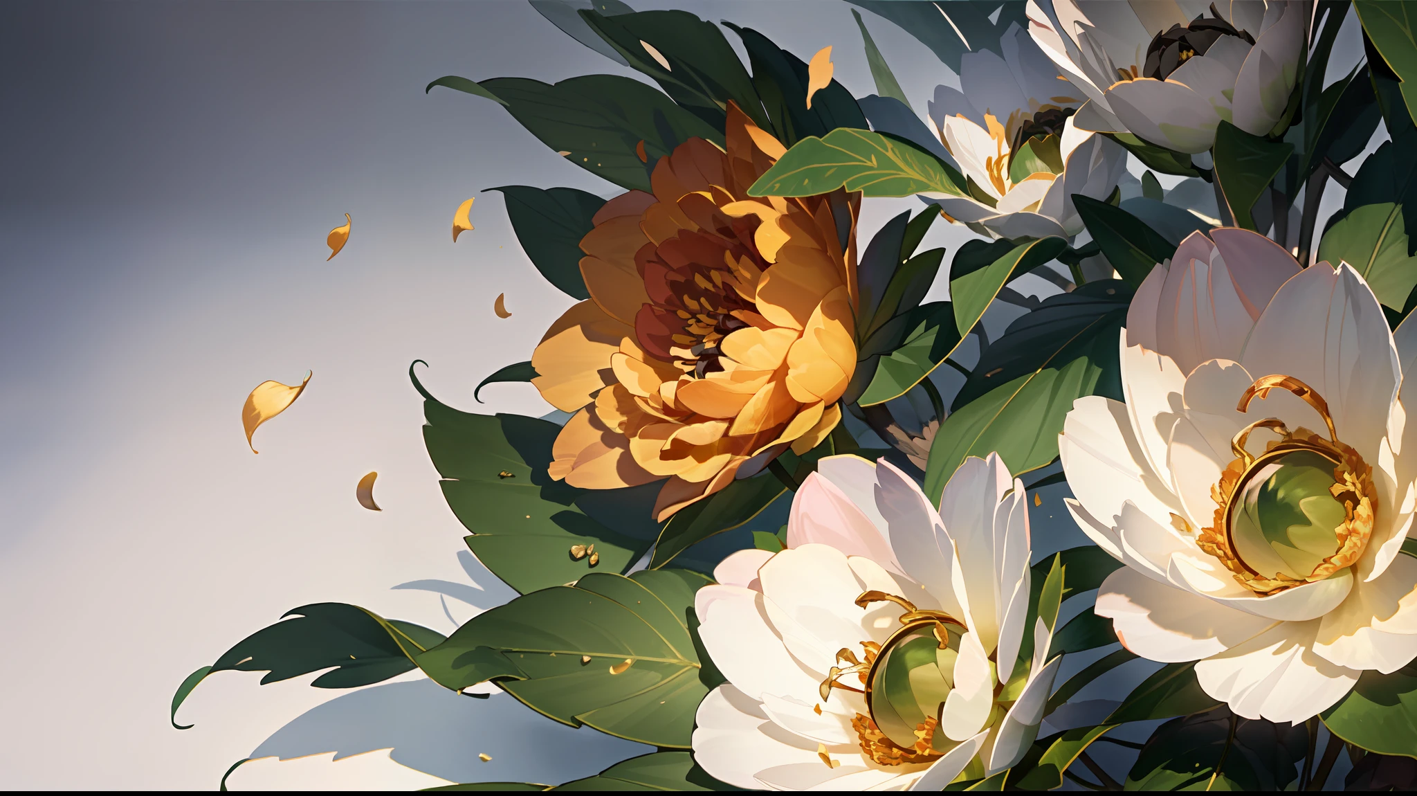 macro, a glorious (darkness-infused black peony:1.3), frozen, (sparks and lights in the air), intricate gilded details, beautiful, stunning, sublime, volumetric light, vibrant twilight colors, frost texture, delicate details, sharp and crisp image, dynamic composition, perfectly framed, highest quality, breathtaking, realistic, good shadows