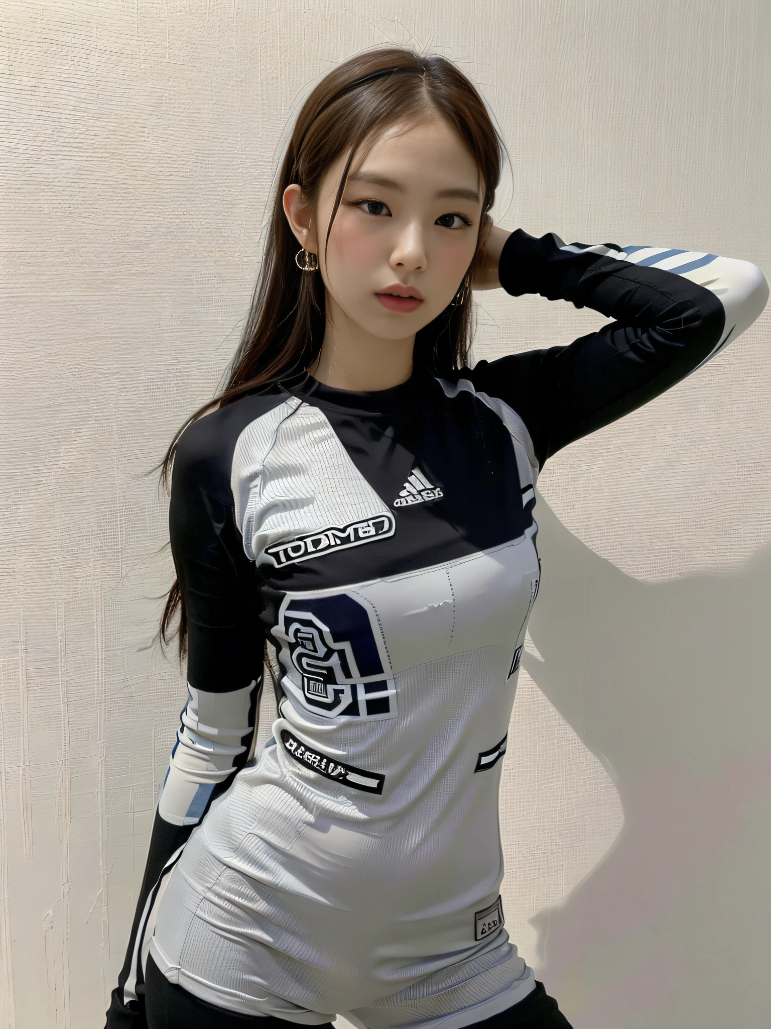 (1girl:1.3), Solo, __body-parts__, Kim Ji-ni Jennie face, wearing trendy brand, football uniform, world-weary face, cold eyes, Korean style photo photo, photography lighting, strong contrast, sunlight on the face, world-weary face, high-class sense, cold eyes, feminine, cement gray background, 8k resolution image, intricate symmetrical details. The whole picture goes forward, mainly a woman standing all over her body, with smooth movements and a complete picture.