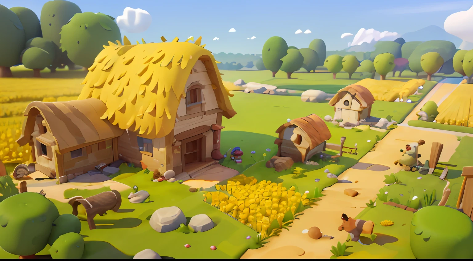 game architecture design, farm, cartoon, a large wheat field, farm, stone, grass, vegetable, wheat, trees, animals, casual play style, 3d, masterpiece, super detail, local, best quality