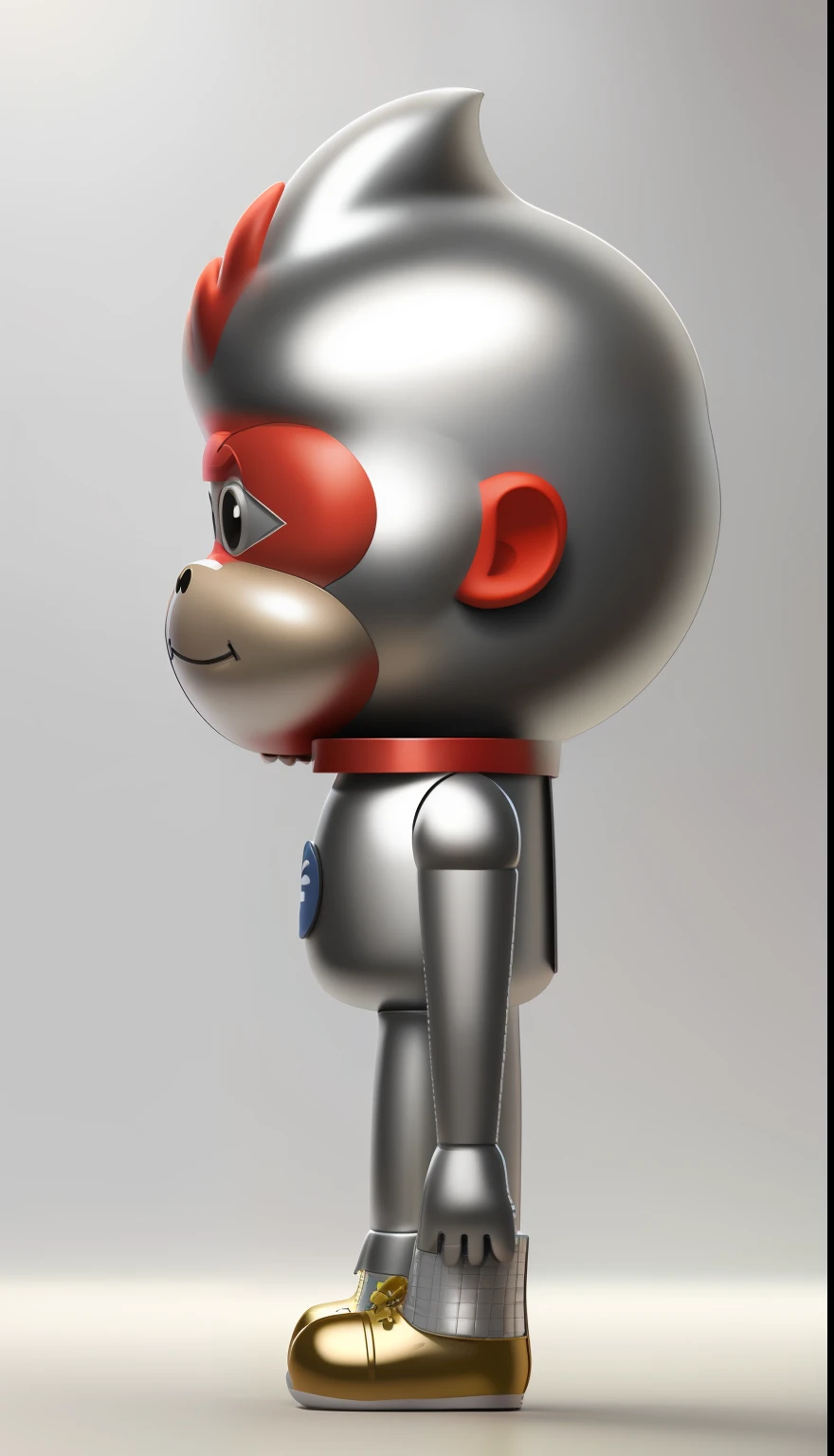 Cartoon monkey with silver hair and red shoes, Alumin, Metallic, 3d model of Japanese mascot, Toonix character, giant chrome man, full body mascot, humanoid monkey fantasy race, monkey, gray anthropomorphism, vinyl toy statue, Japanese mascot, high detail iconic character, shiny metal, Cheburashka three-view front side back
