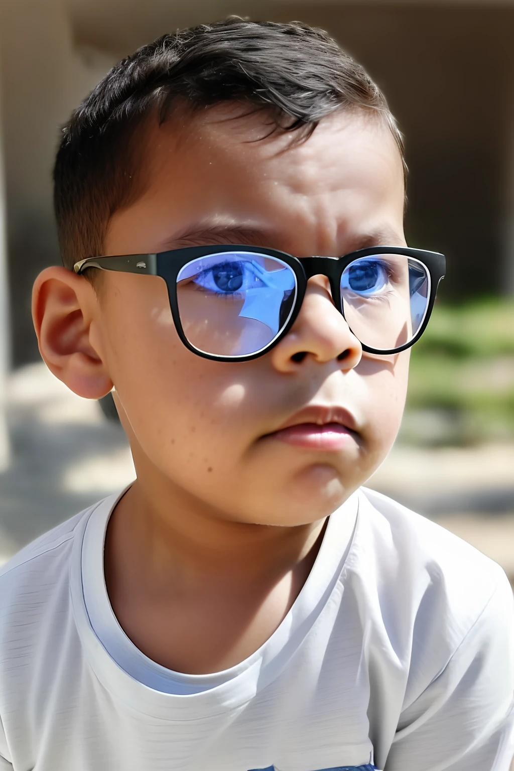 guttonerdvision4, award-winning photography, 3 year old boy, 1boy, realistic, detailed, sharp face, real skin, pores, short, outdoor, brown eyes, glasses, brown hair, military cut, best quality, day, masterpiece, colorful, white t-shirt, saddlery, portrait, wearing overalls jeans, looking at the viewer, photorealism, uhd, 8k