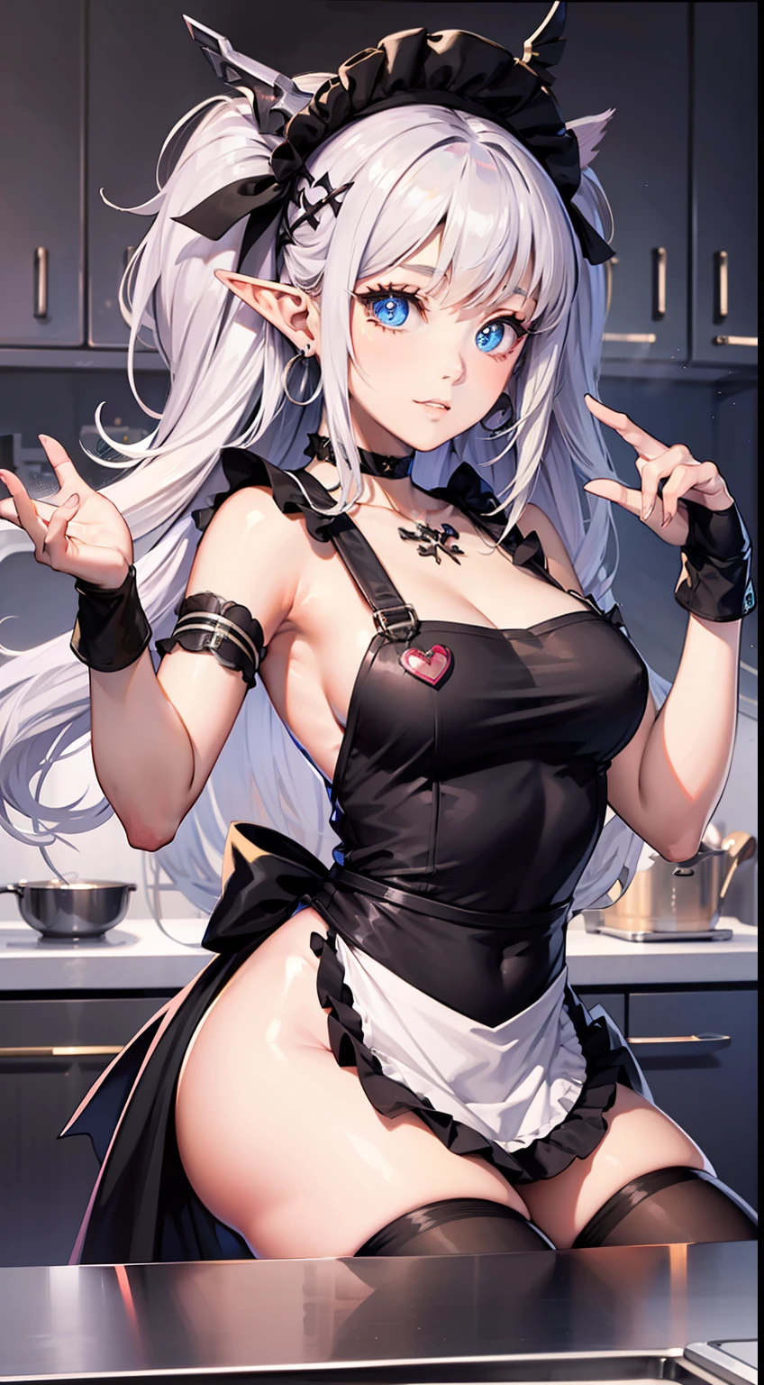 dynamic_angle,dynamic_pose,magical*_effect,split-color,kitchen,solo,1girl,Dark_Elf,gyaru,glowing pupils,apron,headdress,hair_ribbon,Skull_earrings,choker