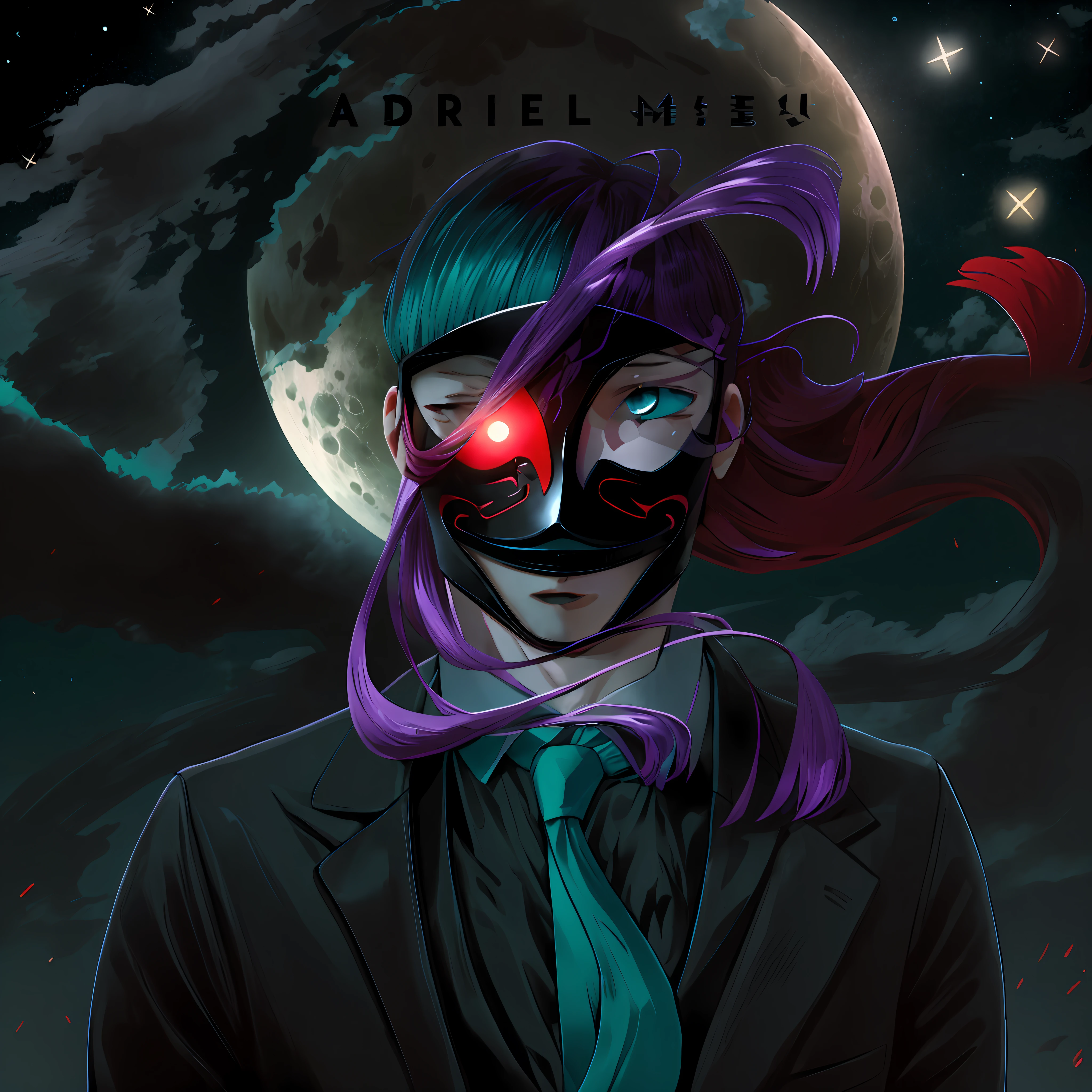 anime character with purple and red hair, wearing black and cyan toothpick, white shirt, red tie, white mask, two red dot sticking out of the Mask's eye, moon background, clouds around the moon, stars