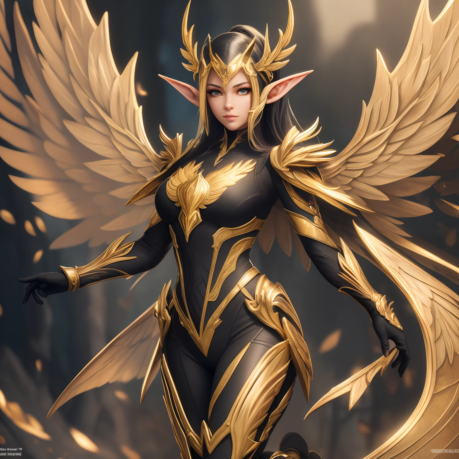 Full Body Portrait, Forest Elf, (Best Quality, 8K, Masterpiece: 1.3), Petite Body, (Beautiful and Detailed Eyes), (Super Detail), (Desktop Wallpaper), Beautiful Face, (Detailed Face), Ray Glow, Optical, Panoramic Illumination, Atmospheric Perspective, Dawn, Anti-Aliasing: 5D, Light Painting, Color, Perfect Body Beauty: 1.4, Clear Facial Features, Huge Wings, Symmetrical Transparent Wings, Stunning Details, (Dynamic Pose), In Flight, Gold Warframe