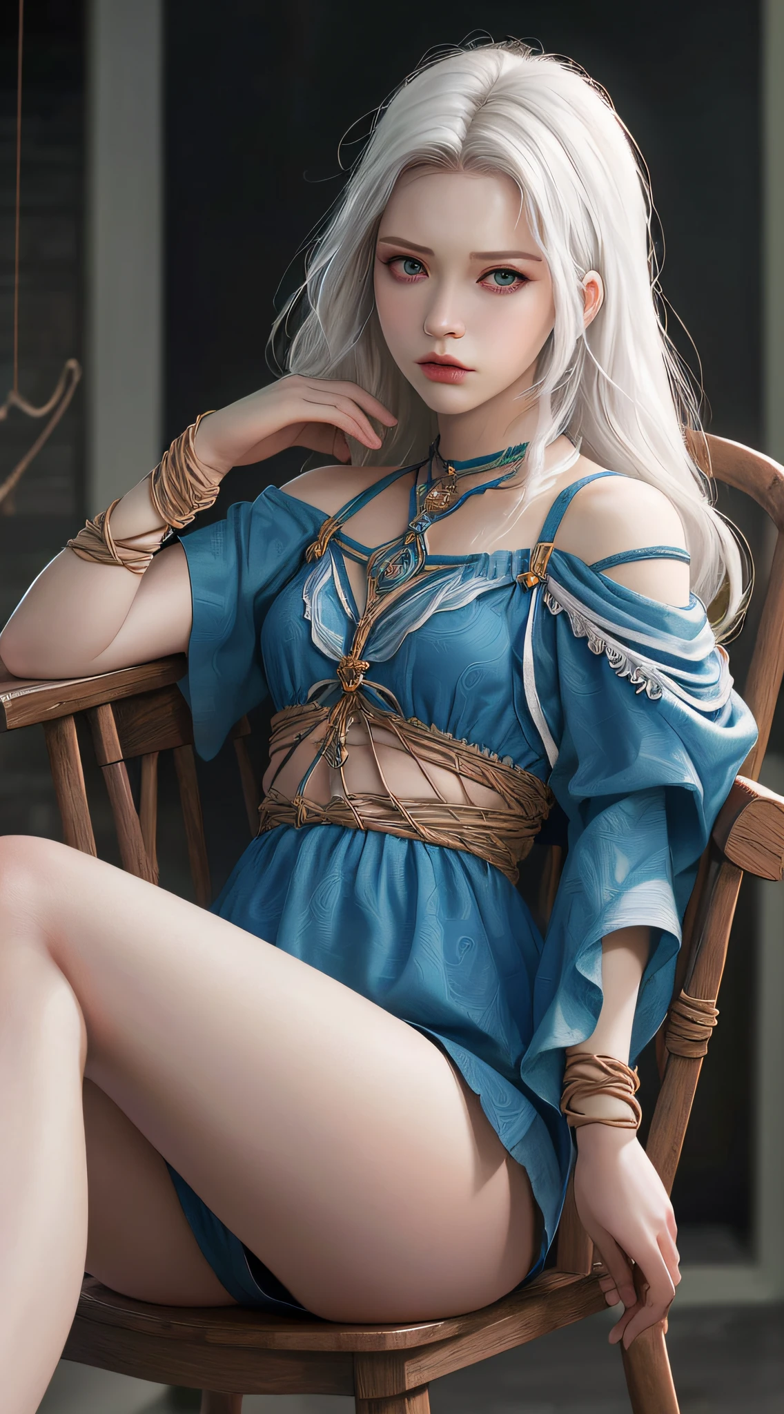 (Masterpiece, Top Quality, Best Quality, Official Art, Depth of Field, Beauty and Aesthetics: 1.2), Pinnacle Rendering, Realistic Rendering, (1girl), Extremely Detailed, Colorful, Supreme Detailed, Official Art, Unified 8k Wallpaper, Ultra Detailed, Angry, Angry, Angry, Beautiful and Aesthetic, Beautiful, Masterpiece, Best Quality,  Shoulder, White Hair, (Zentangle, Mandala, Tangled, Entangled), Strips of Cloth, Fingers All Hidden Not Showed, Small Mouth Closed, Bound, Bondage, Chair, Spread your legs and raise your legs