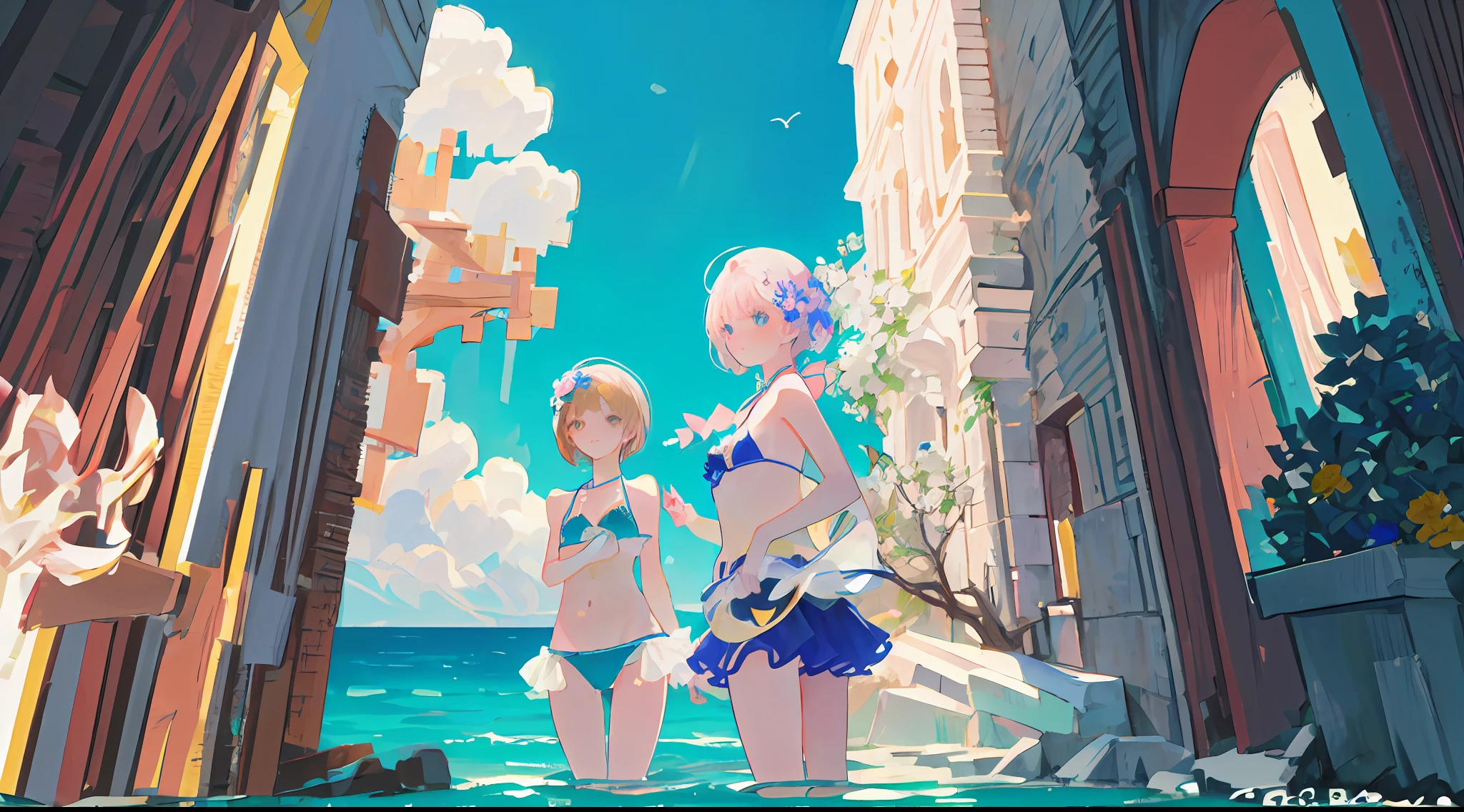 white skin, watercolor, pale tone, light color palette, highly detailed digital illustration of beautiful light pink high definition short hair small boobs 1girl in (((small flower pattern blue bikini))) swimsuit, head in focus, brown eyes, symmetrical face, fantastic light, detailed touch, high density writes, masterpiece, (mediterranean provence:1.3), (building with white walls:1.3), (sea:1.3), (tree:1.3), (flower1.3)