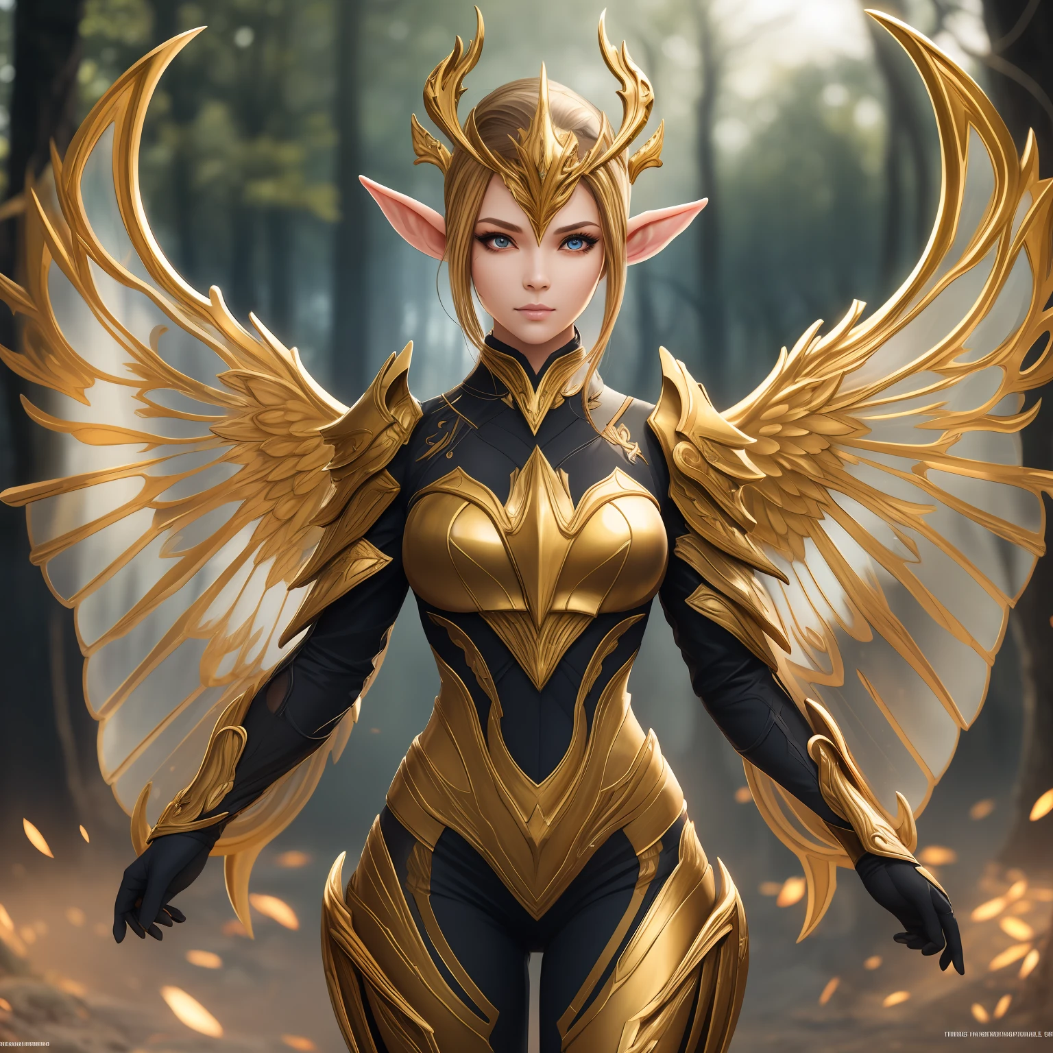 Full Body Portrait, Forest Elf, (Best Quality, 8K, Masterpiece: 1.3), Petite Body, (Beautiful and Detailed Eyes), (Super Detail), (Desktop Wallpaper), Beautiful Face, (Detailed Face), Ray Glow, Optical, Panoramic Illumination, Atmospheric Perspective, Dawn, Anti-Aliasing: 5D, Light Painting, Color, Perfect Body Beauty: 1.4, Clear Facial Features, Huge Wings, Symmetrical Transparent Wings, Stunning Details, (Dynamic Pose), In Flight, Gold Warframe