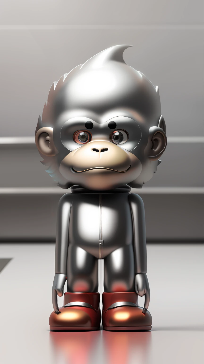 Cartoon monkey with silver hair and red shoes, Alumin, Metallic, 3d model of Japanese mascot, Toonix character, giant chrome man, full body mascot, humanoid monkey fantasy race, monkey, gray anthropomorphism, vinyl toy statue, Japanese mascot, high detail iconic character, shiny metal, Cheburashka three-view front side back