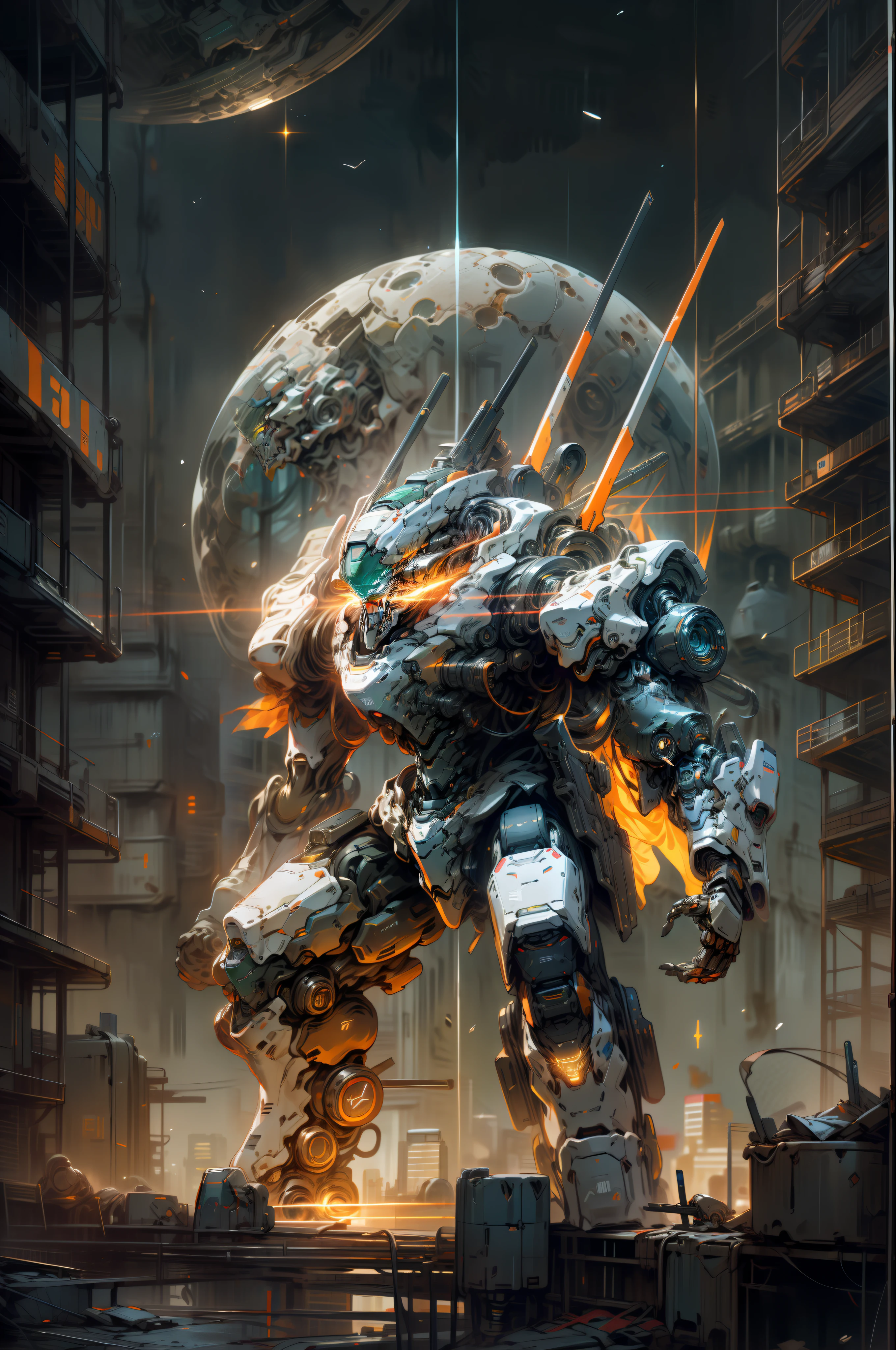 On the moon, barren planets, ruins, holding_weapon, no_humans, bright, robot, construction, glowing_eyes, orange mecha, fighting godizil, science fiction, city, realistic, mecha, Milky Way background, neon, cyberpunk,