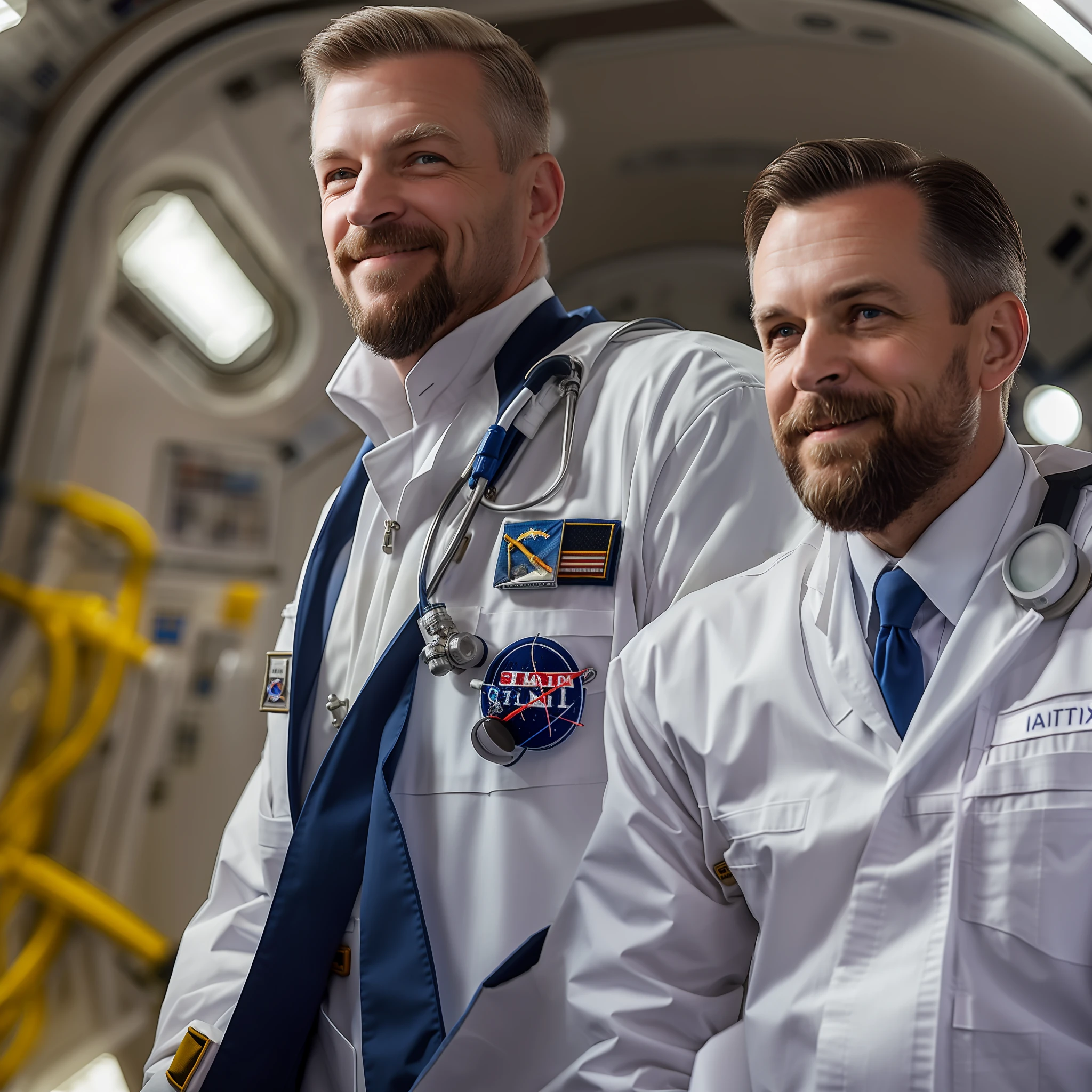 two men in white uniforms are standing next to each other, astronauts, wearing flight suit, stock photo, closeup photograph, anatomical in an astronaut suit, advanced technology flight suit, technology flight suit, wearing human air force jumpsuit, photo shot, wearing a white lab coat, closeup portrait shot, photo still, closeup shot, wear spacesuits, portrait shot, mid-shot