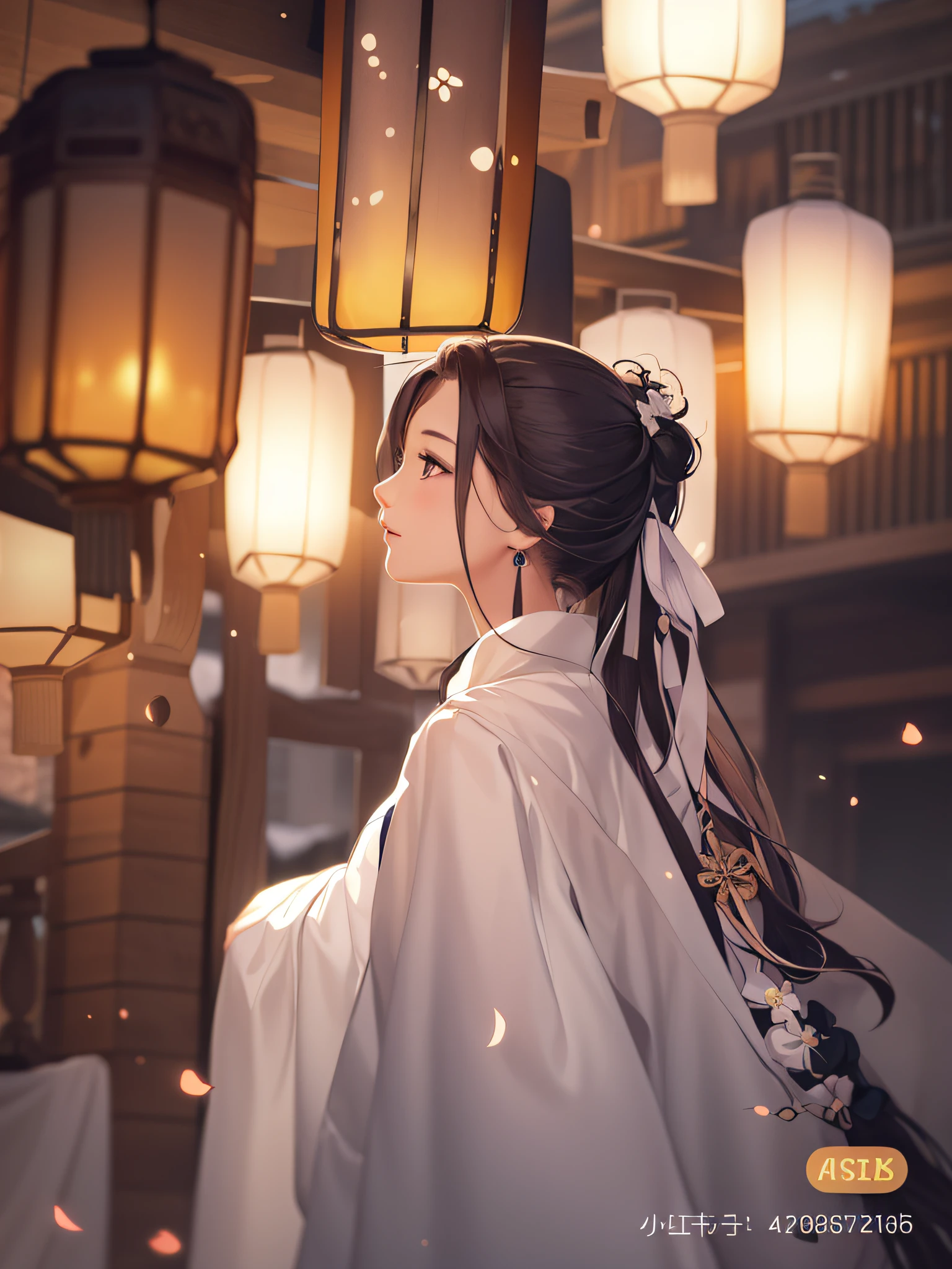 Anime girl standing in front of a lantern in kimono costume, palace, hanfu for girls, guviz style artwork, guvitz, trend in cgstation, artgerm and ati gairan, yang j, rosla global lighting, guvez masterpiece, hanfu, beautiful digital artwork, white hanfu, masterpiece, top quality