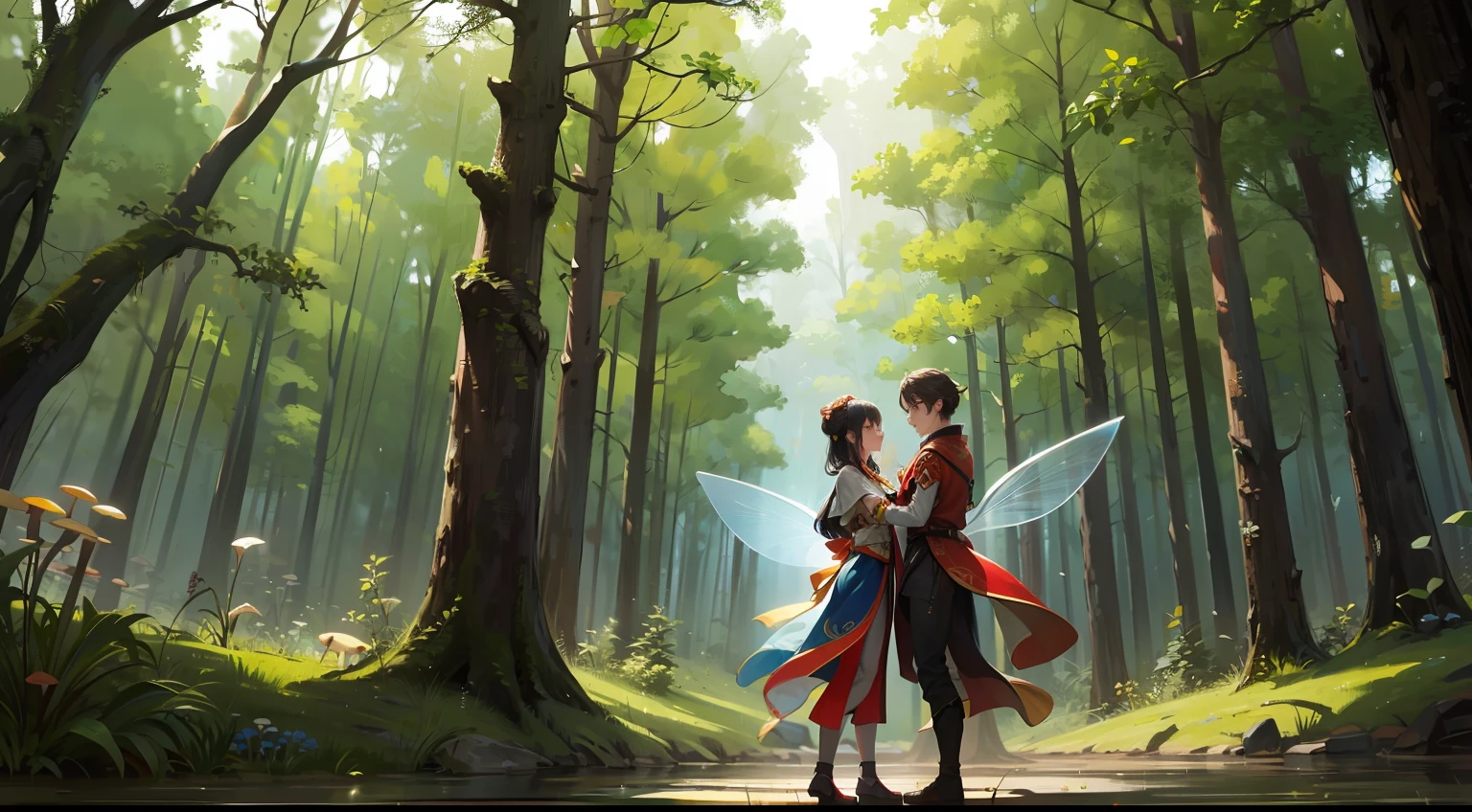 A beautiful Chinese woman, wearing a characteristic totem national costume standing in a mountain forest, with a lot of mushrooms growing on her body and head, full of oriental mystery, this mountain forest has all kinds of brightly colored wild mushrooms, wind, like a fantasy movie scene, like a fantasy fairy tale scene, met a young teenager, two people intertwined under the mushroom tree, more like an adult movie, a love, the two hugged together