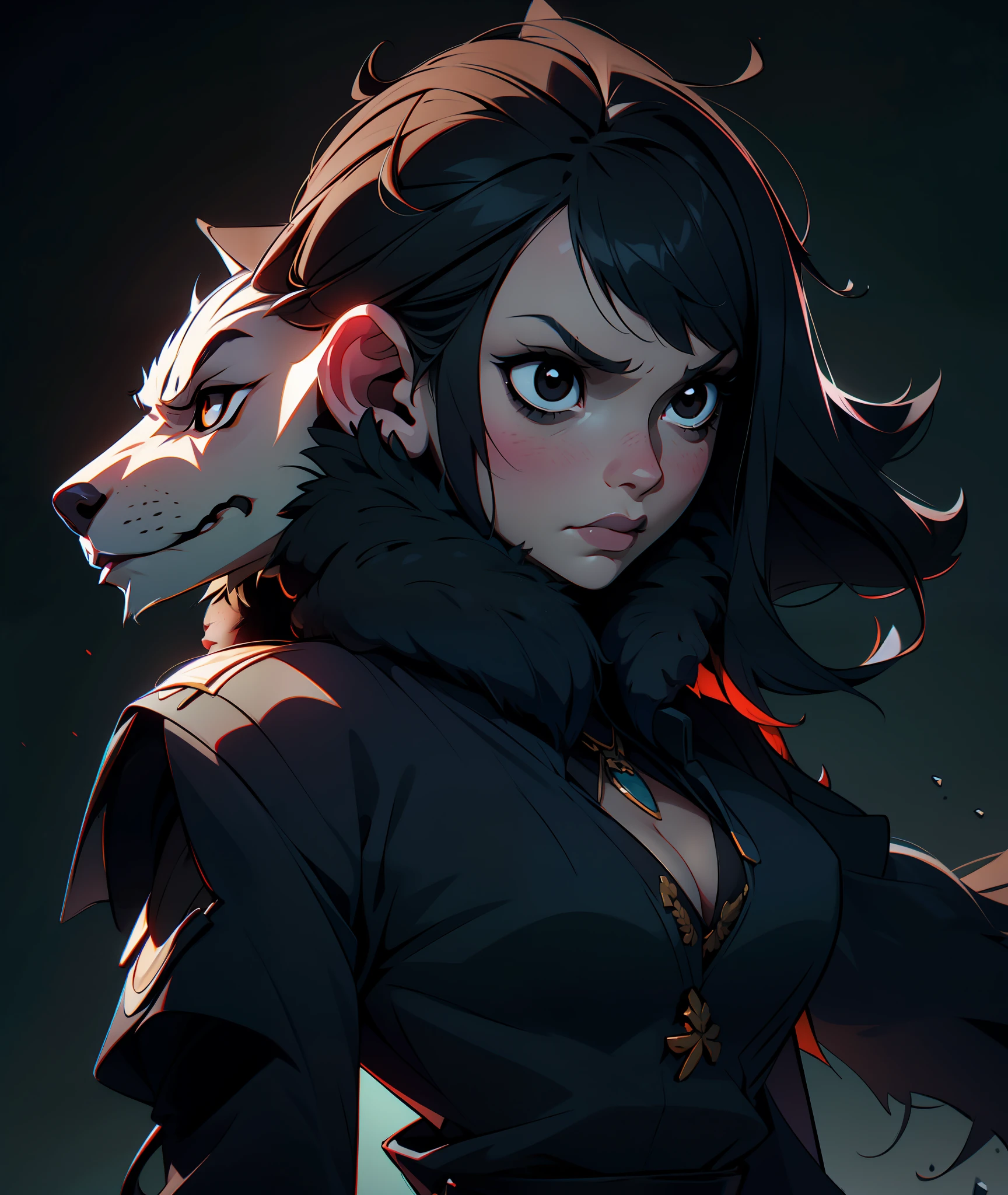 1girl, black hair, monk, wolf girl, busty, fur, angry, black eyes, black clothing, goth, emo, tall, grey fur, mean