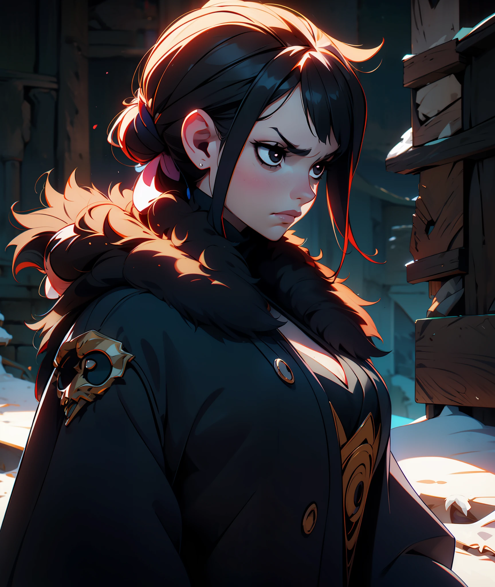 1girl, black hair, monk, wolf girl, busty, fur, angry, black eyes, black clothing, goth, emo, tall, grey fur, mean