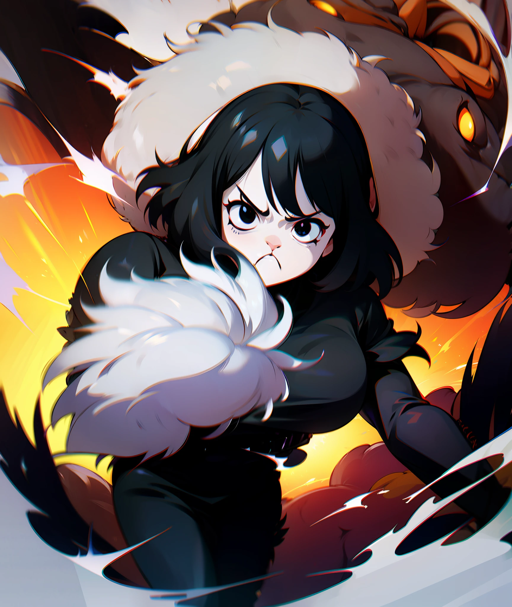 1girl, black hair, monk, wolf girl, busty, fur, angry, black eyes, black clothing, goth, emo, tall, grey fur, mean