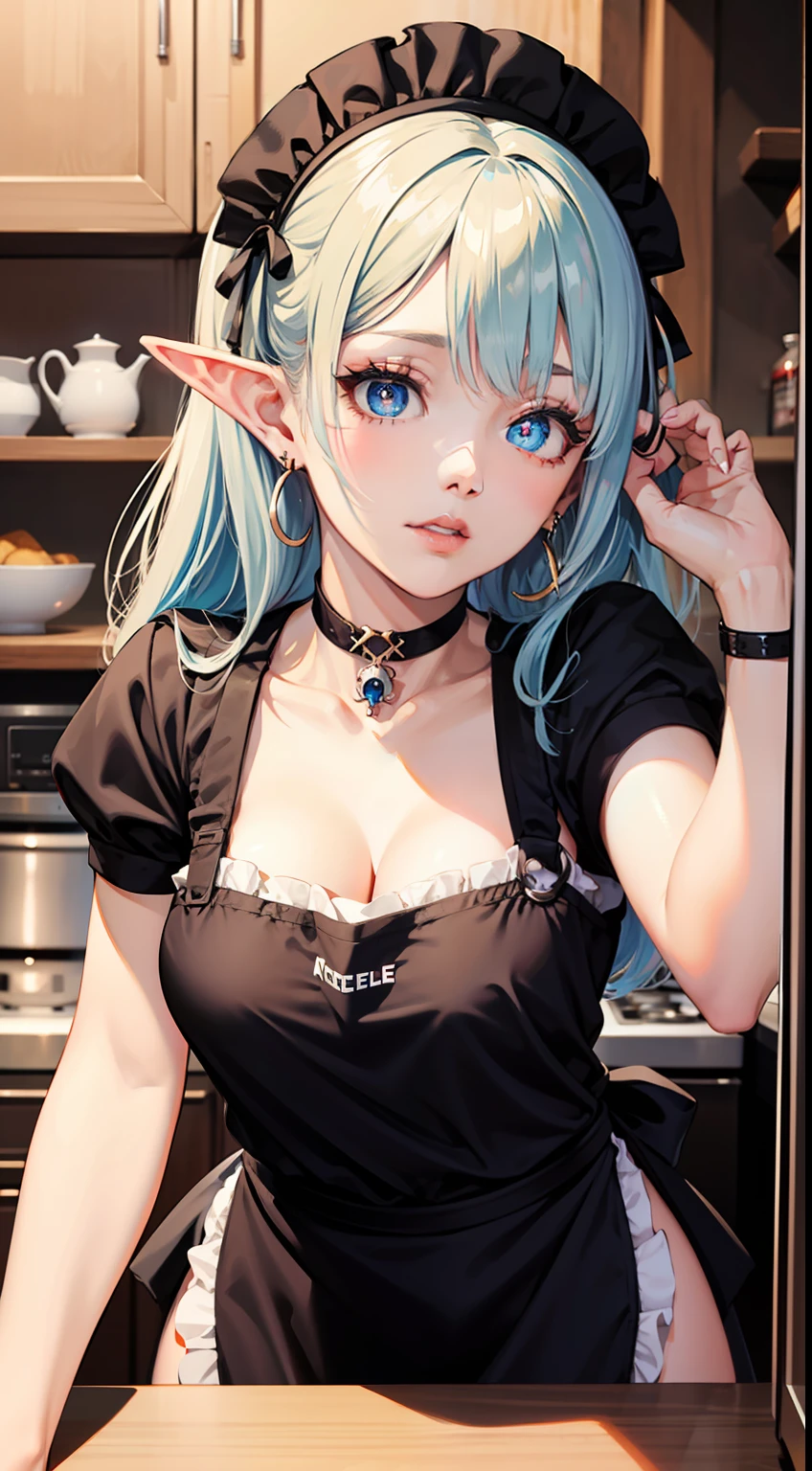 dynamic_angle,dynamic_pose,magical*_effect,split-color,kitchen,solo,1girl,Dark_Elf,gyaru,glowing pupils,apron,headdress,hair_ribbon,Skull_earrings,choker