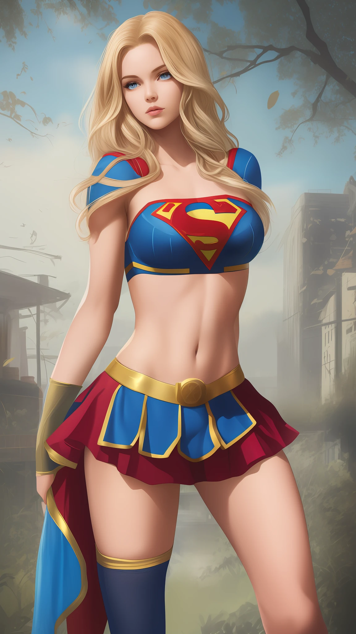 Beautiful American woman long blonde hair, 23 years old, blue eyes, hourglass body,huge breasts, defined body, wearing lace lingerie:1.6 (((bra, thong panties and 7/8 Supergirl cosplay sock)) --auto