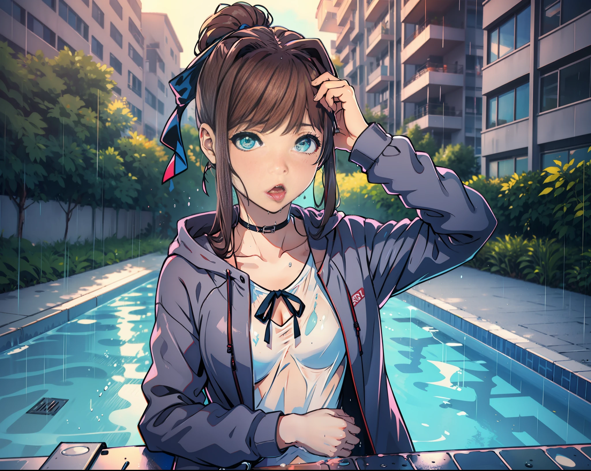 Masterpiece, highest quality, monika, green eyes, brown hair, very long hair, ponytail, hair ribbon, black ribbon, blazer, black hoodie, pink shirt, neck ribbon, blue skirt, soaking wet clothes, wet hairN wet body, wetlook, soaked, pouring rain, outside, outdoor pool, soaked clothes, dark wet clothes, wet fabric, soaking wet, small breasts, looking at camera, tongue out, mouth open, V sign, pastel goth clothes, cyberpunk style, latex clothes