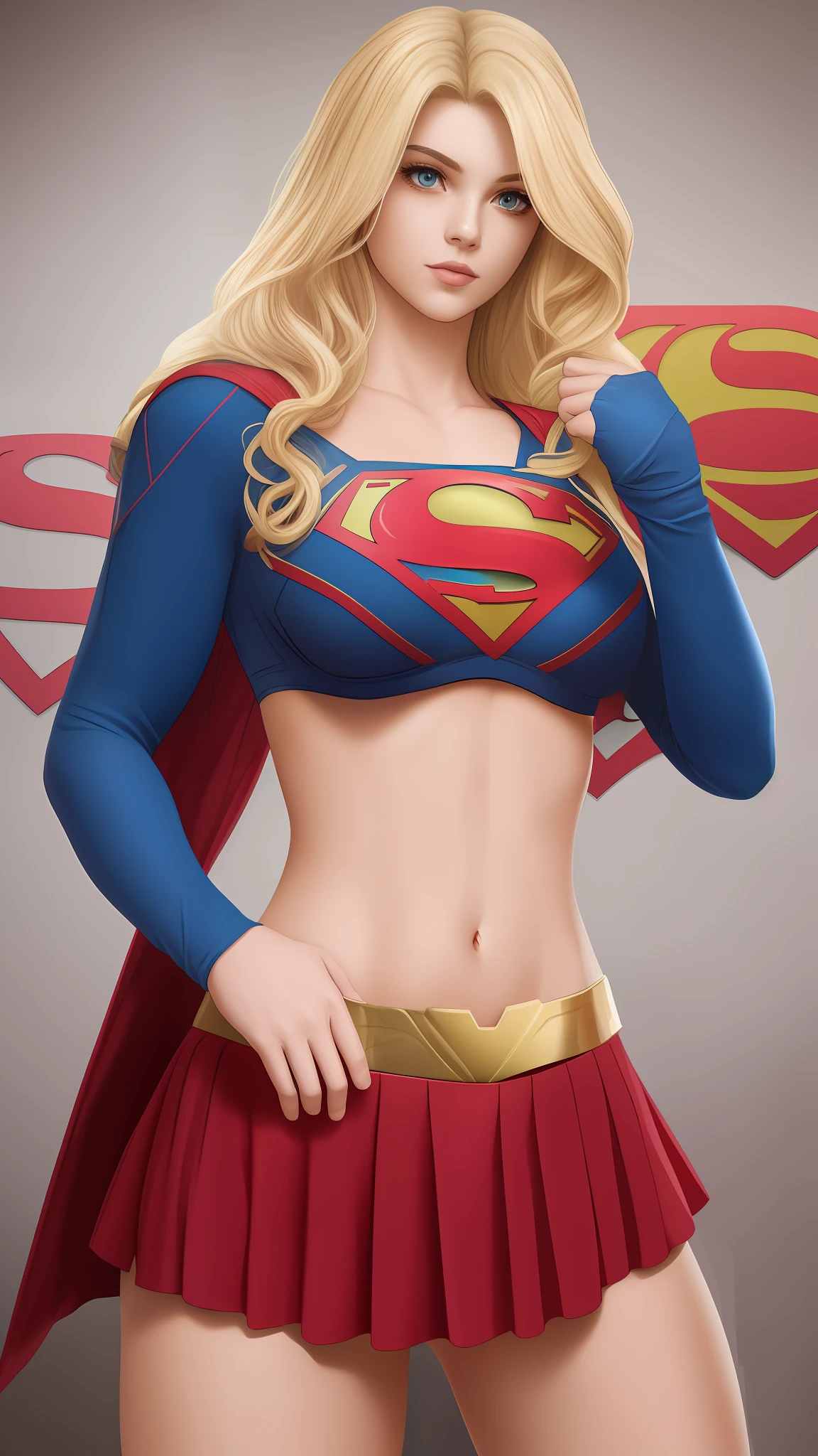 Beautiful American woman long blonde hair, 23 years old, blue eyes, hourglass body,huge breasts, defined body, wearing lace lingerie:1.6 (((bra, thong panties and 7/8 Supergirl cosplay sock)) --auto