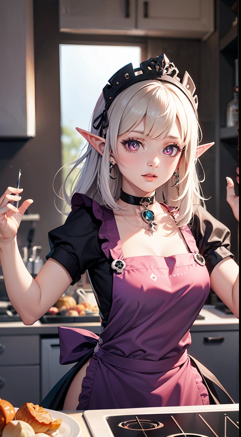 dynamic_angle,dynamic_pose,magical*_effect,split-color,kitchen,solo,1girl,Dark_Elf,gyaru,glowing pupils,apron,headdress,hair_ribbon,Skull_earrings,choker