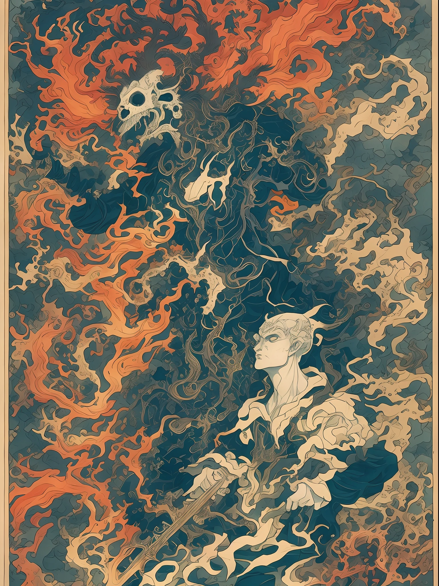 a drawing of a man with a sword and a demon, beautiful male god of death, mohrbacher, inspired by Shunkōsai Hokushū, in the art style of mohrbacher, asura from chinese myth, the god of chaos, inspired by Ryūkōsai Jokei, in style of peter mohrbacher