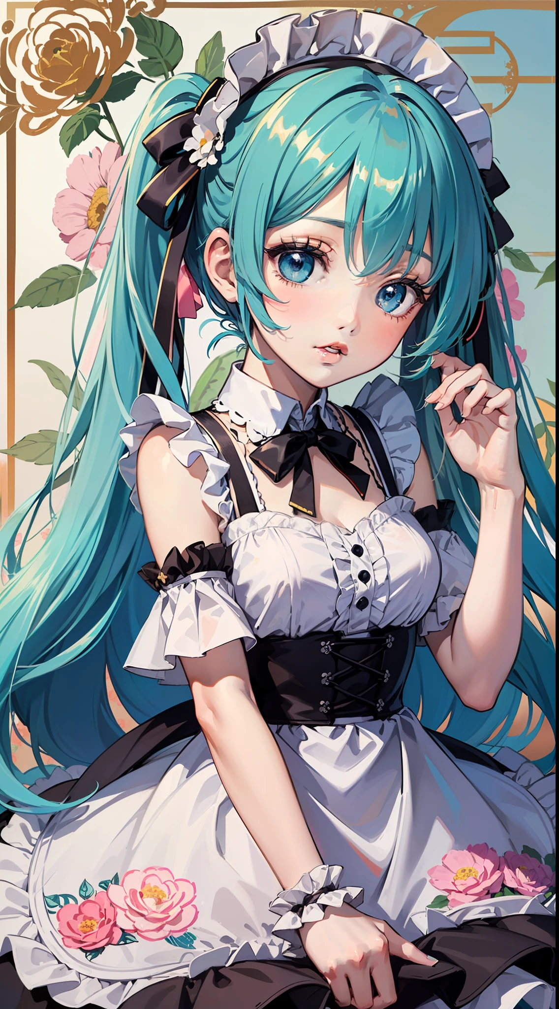 ((masterpiece, high quality)),((cute 1 girl:1.2)),(li:1.2),hatsune miku,((anime style:1.2)),(small breasts),chubby:1.2,(beautiful eyes),((frill maid dress)),frill,ribbon,((multicolor long hair:1.3)), ((floral background:1.2)),BREAK