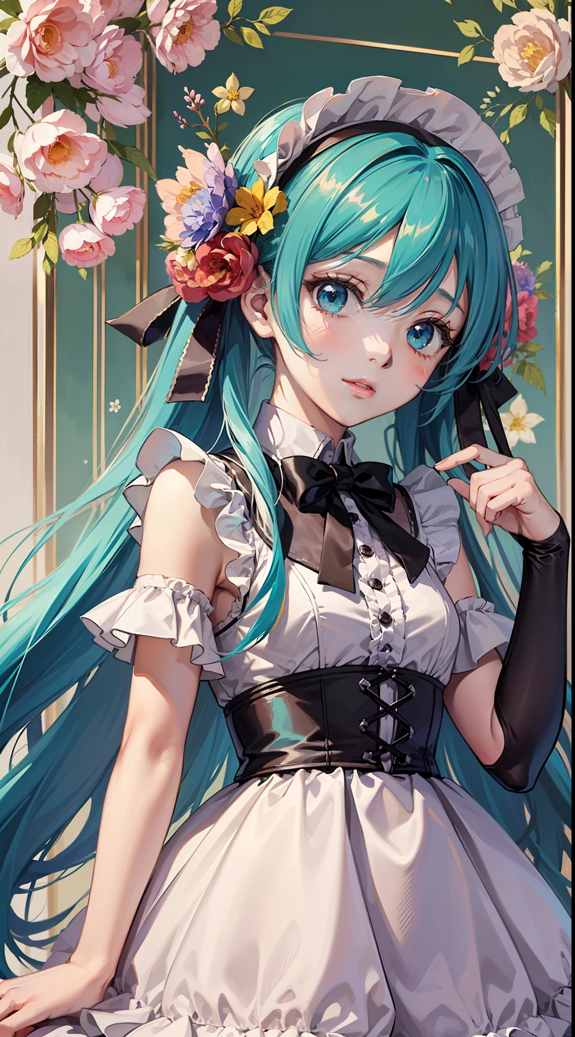 ((masterpiece, high quality)),((cute 1 girl:1.2)),(loli:1.2),hatsune miku,((anime style:1.2)),(small breasts),chubby:1.2,(beautiful eyes),((frill maid dress)),frill,ribbon,((multicolor long hair:1.3)), ((floral background:1.2)),BREAK