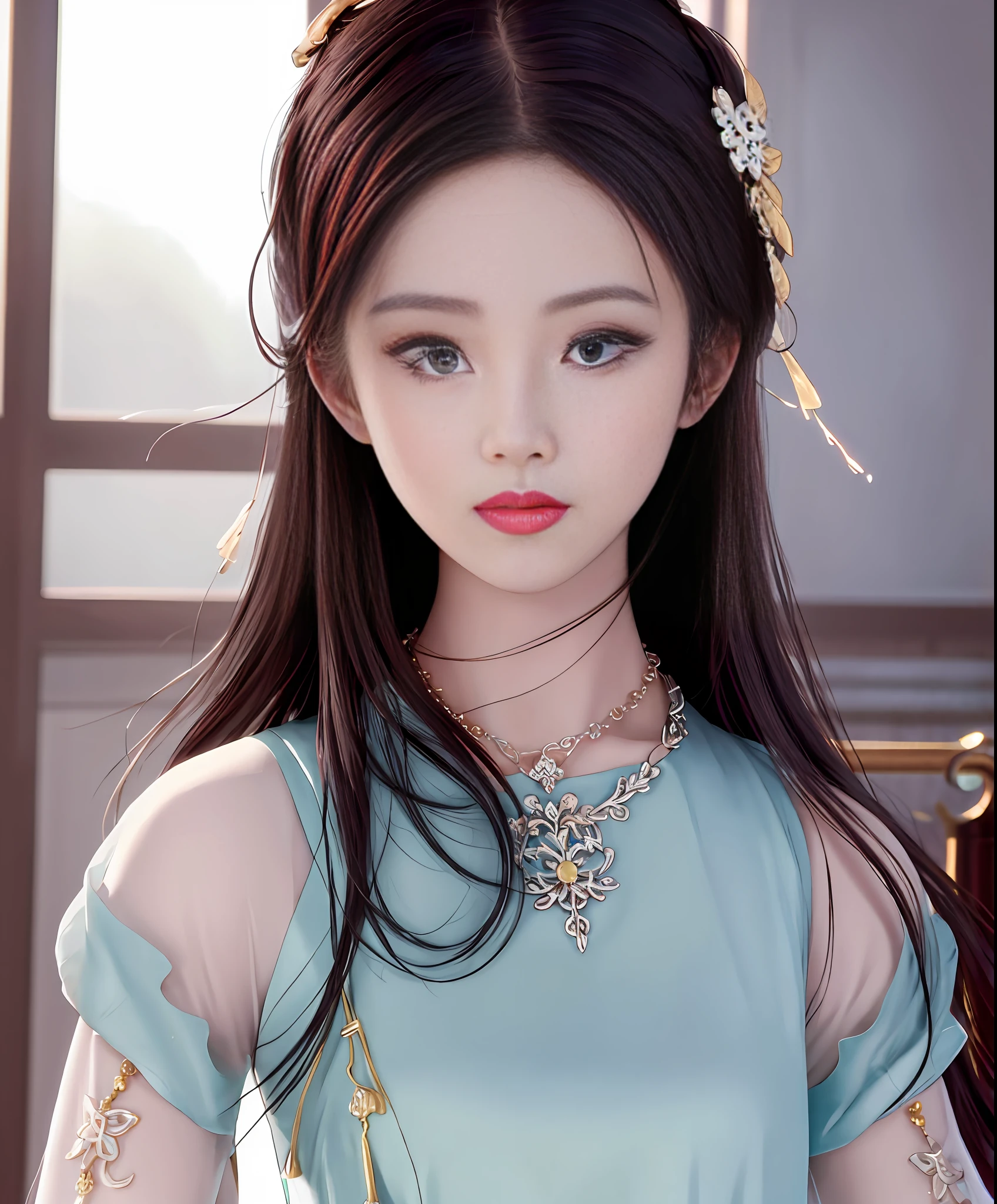 Best quality, masterpiece, high resolution, 1girl, porcelain dress, hair accessories, necklace, jewelry, beautiful face, on the body, Tyndall effect, realistic, dark studio, edge lighting, two-tone lighting, (high detail skin: 1.2), 8k UHD, dslr, soft light, high quality, volumetric light, candid, photo, high resolution, 4k, 8k, background blur,