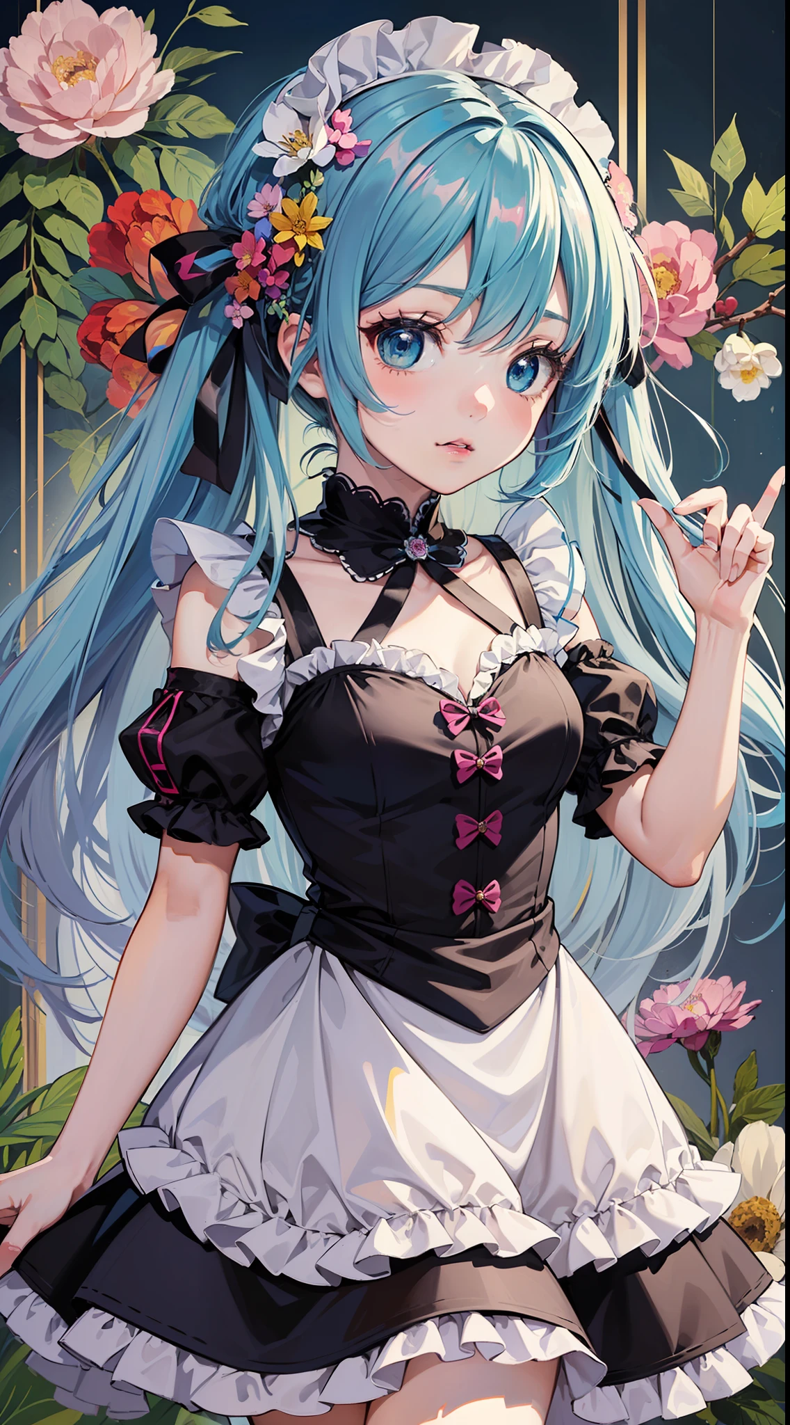 ((masterpiece, high quality)),((cute 1 girl:1.2)),(li:1.2),hatsune miku,((anime style:1.2)),(small breasts),chubby:1.2,(beautiful eyes),((frill maid dress)),frill,ribbon,((multicolor long hair:1.3)), ((floral background:1.2)),BREAK