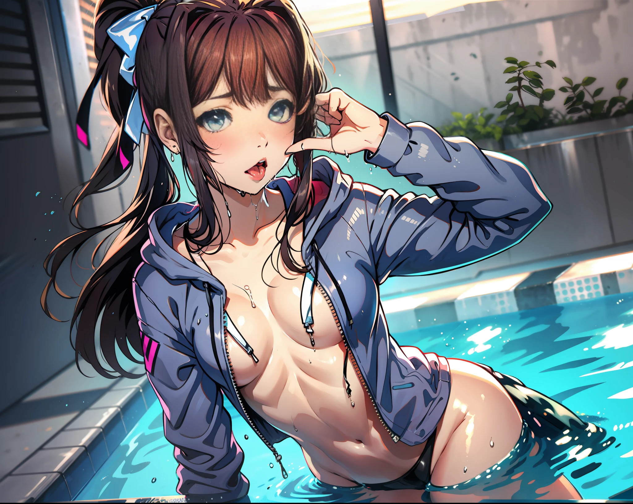 Masterpiece, highest quality, monika, green eyes, brown hair, very long hair, ponytail, hair ribbon, black ribbon, blazer, black hoodie,  pink shirt, neck ribbon, blue skirt, soaking wet clothes, wet hairN wet body, wetlook, soaked, pouring rain, outside, outdoor pool, soaked clothes, dark wet clothes, wet fabric, soaking wet, small , looking at camera, tongue out, mouth open, V sign, pastel goth clothes, cyberpunk style, latex clothes