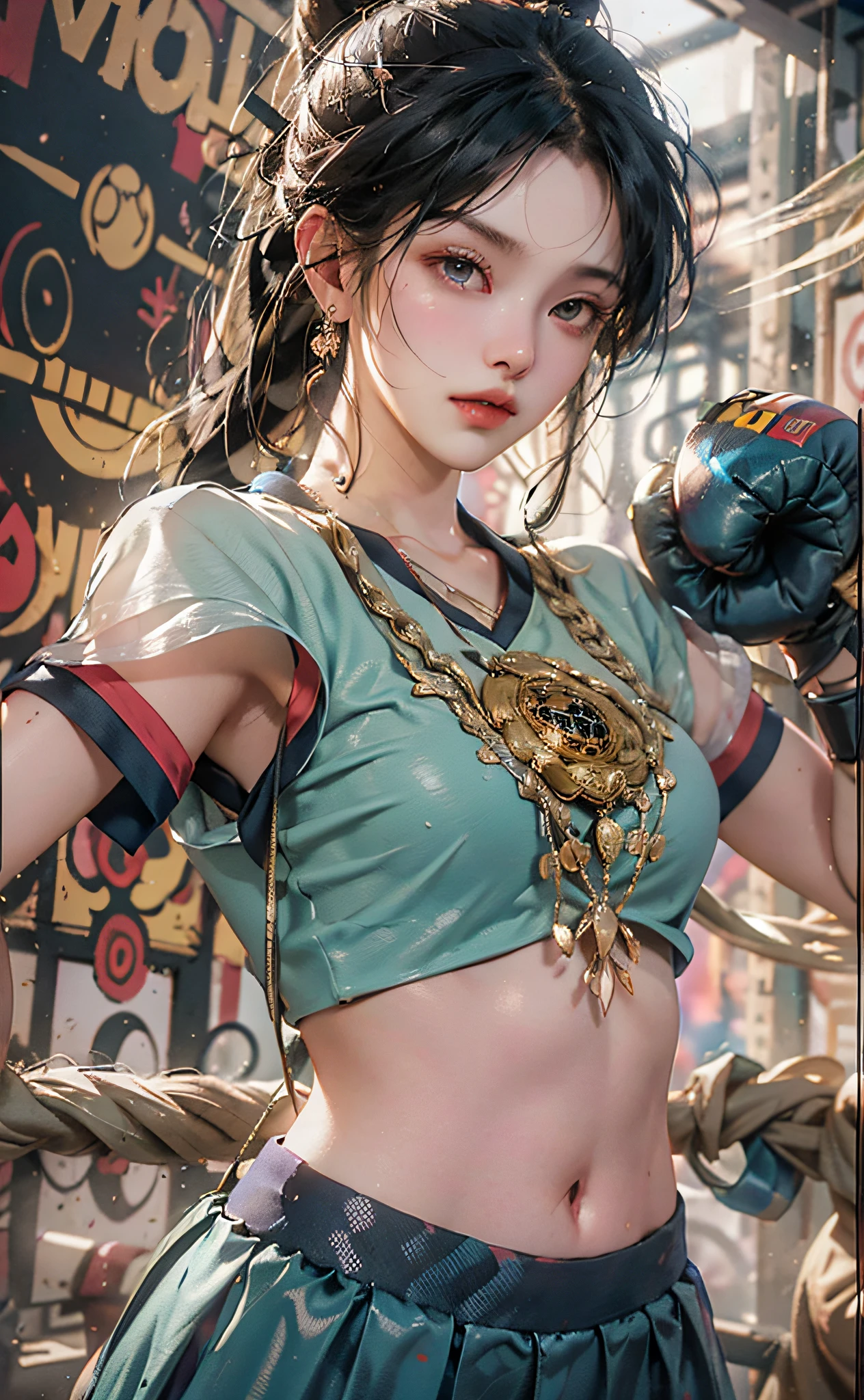 Masterpiece, top quality, (realistic, realistic: 1.4), (RAW photo: 1.2), very delicate CG Unity 8K wallpaper, very delicate beautiful, wonderful, boxing pose, attention to detail, official art, ridiculous, incredibly ridiculous, huge file size, very fine, very delicate, beautiful eyes and face, beautiful delicate eyes, light on face, a girl, ponytail, (pompom) navel, half, PE uniform short sleeve crop top t-shirt, boxing gloves, bare arms, bangs, Boxing Gym, Boxing Ring, ULZZANG-6500-v1.1
