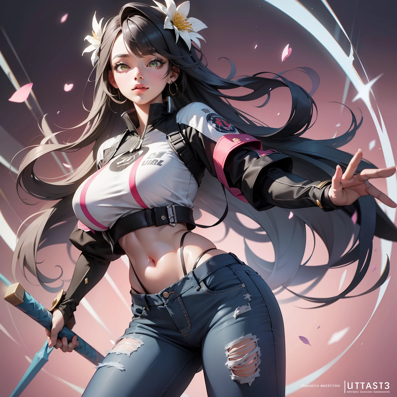 background, mixed language_text, Japanese letters in graphite, beautiful woman ashley alexiss, long black hair, excellent lighting, side lighting, perfect finish (bubblegum pink gradient flat color: 1.3), HDR colors (magazine_cover: 1.4), (multicolored_background: 1.3), striped_background, card_background, :: discs with sharp and shiny blades in the hand :: circular pieces of white metals glued to the ultra detailed arms coming out sparkling glow, Black star design stamped in the middle of the t-shirt, perfect and detailed sculptural body, ultra detailed shirt with abstract design and with Japanese letter print in graphite of the sides of the clothing, jeans used, large chest, with immersive effects, hover effect, graphite background style flowers with flowers and vibrant colors, "ultra" HDR detailed and with focus effect, (masterpiece: 1.2, best quality), (beautiful emerald yellow eyes with huge finely detailed eyelashes: 1.2), ((Solo)), (Finely detailed eyes and detailed face: 1.3), beautiful ultra-of, Color Field painting, anime, motion blur, backlighting, UHD, super detail, high quality, 4K, retina, textured skin