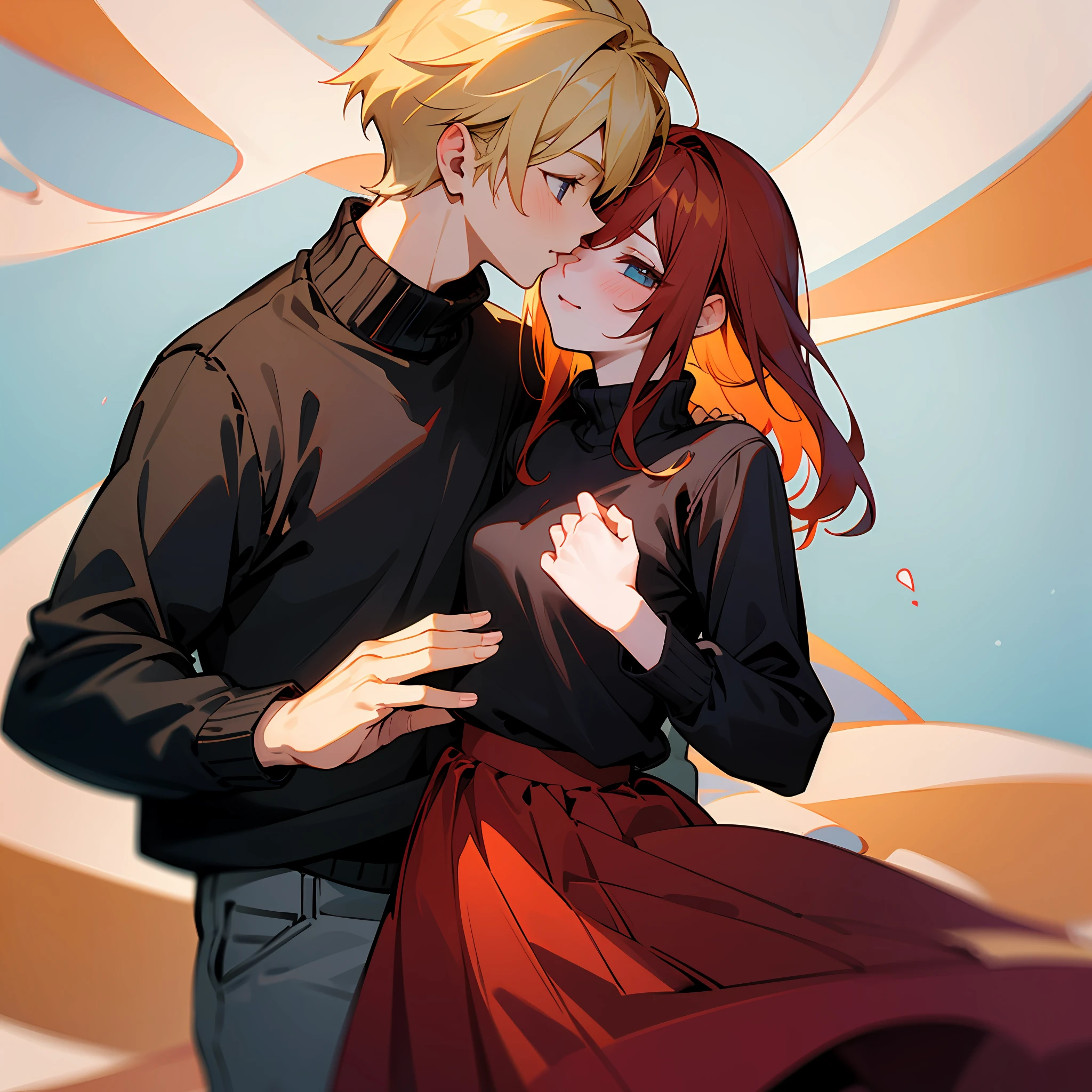 Boy, blonde-haired boy, blonde-haired boy, anime with black sweater, and a girl, anime girl, red-haired girl, red-haired girl in skirt, together, blonde boy kissing red-haired girl, anime, romance, 2d manga -- Counterfeit-V3.0