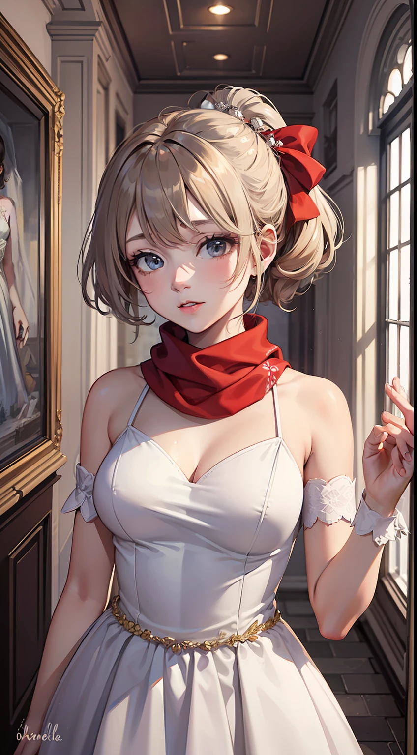 masterpiece, best quality, 1girl, solo, voxel art,
salmon hair, vanilla eyes, white girl,
very short hair, half updo,
wedding dress, trim dress,
Hair Bow , Scarves, Arm cuffs,
Prince , changing room,