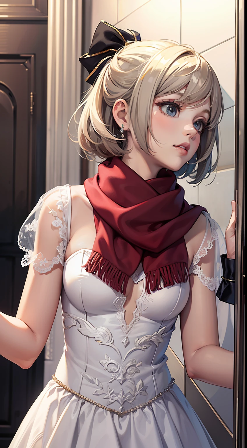masterpiece, best quality, 1girl, solo, voxel art,
salmon hair, vanilla eyes, white girl,
very short hair, half updo,
wedding dress, trim dress,
Hair Bow , Scarves, Arm cuffs,
Prince , changing room,
