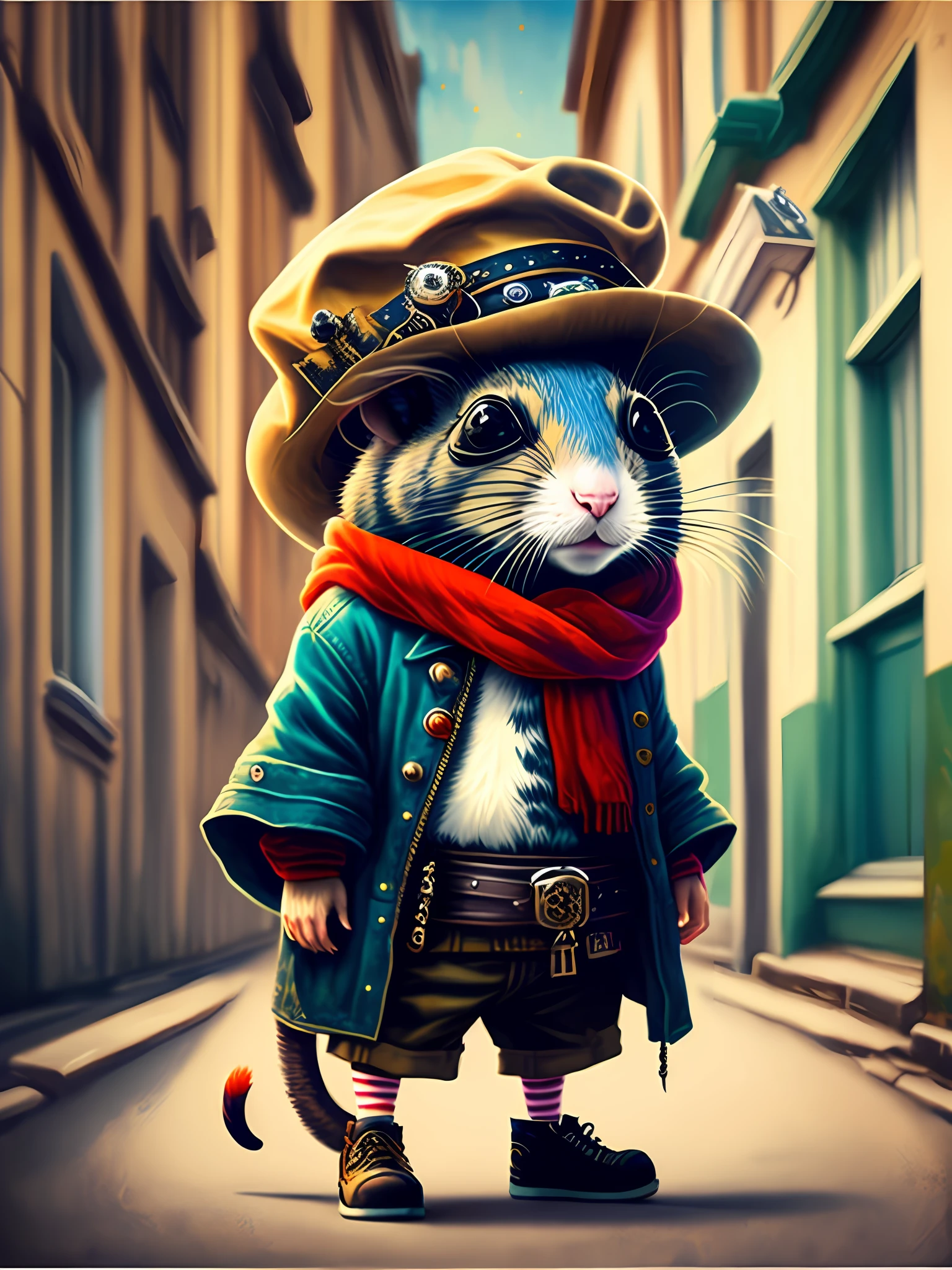 Painting of a rat in a hat and scarf, art stand trend, wearing punk costumes, detailed surrealist rendering, british gang members, street style, intimidating pose, planet of rats, fashion clothing, urban samurai, meow, West Slavic features, 8 1 5