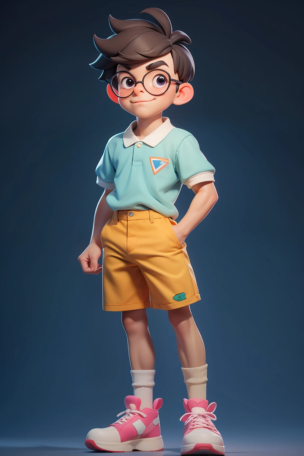 A super cute boy, full body, glasses, polo shirt, popmart blind box, ip design, clean bright background 3d rendering, c4d, oc rendering, 8k, soft focus, fine gloss super detail --ar 3:6 50 --q 2 --niji 5 --style expressiveness --s 2
