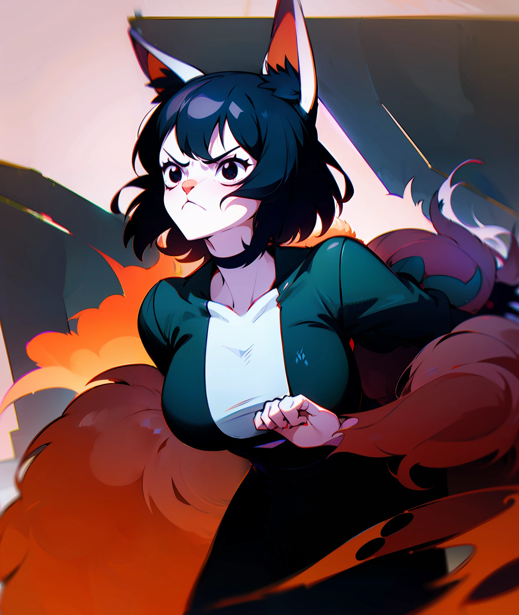 1girl, black hair, monk, wolf girl, wolf ears, wolf tail, busty, furry, angry, black eyes, black clothing, goth, emo, tall, grey fur, mean