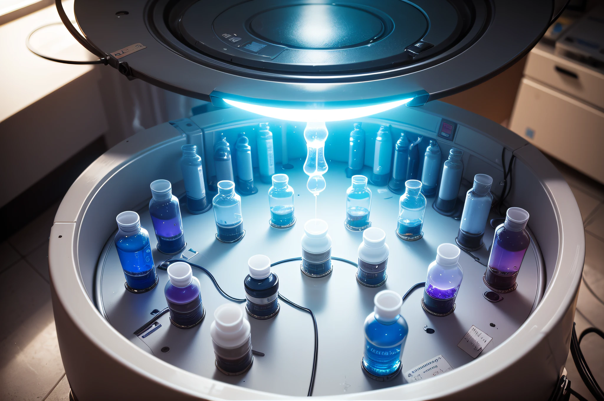 ((photo)), ((best quality)), ((masterpiece)), ((detailed)), a science laboratory with medical equipment and bright white light, looking down into a round embryo storage freezer with hundreds of glowing blue vials in an evenly spaced array and liquid nitrogen smoke or mist.