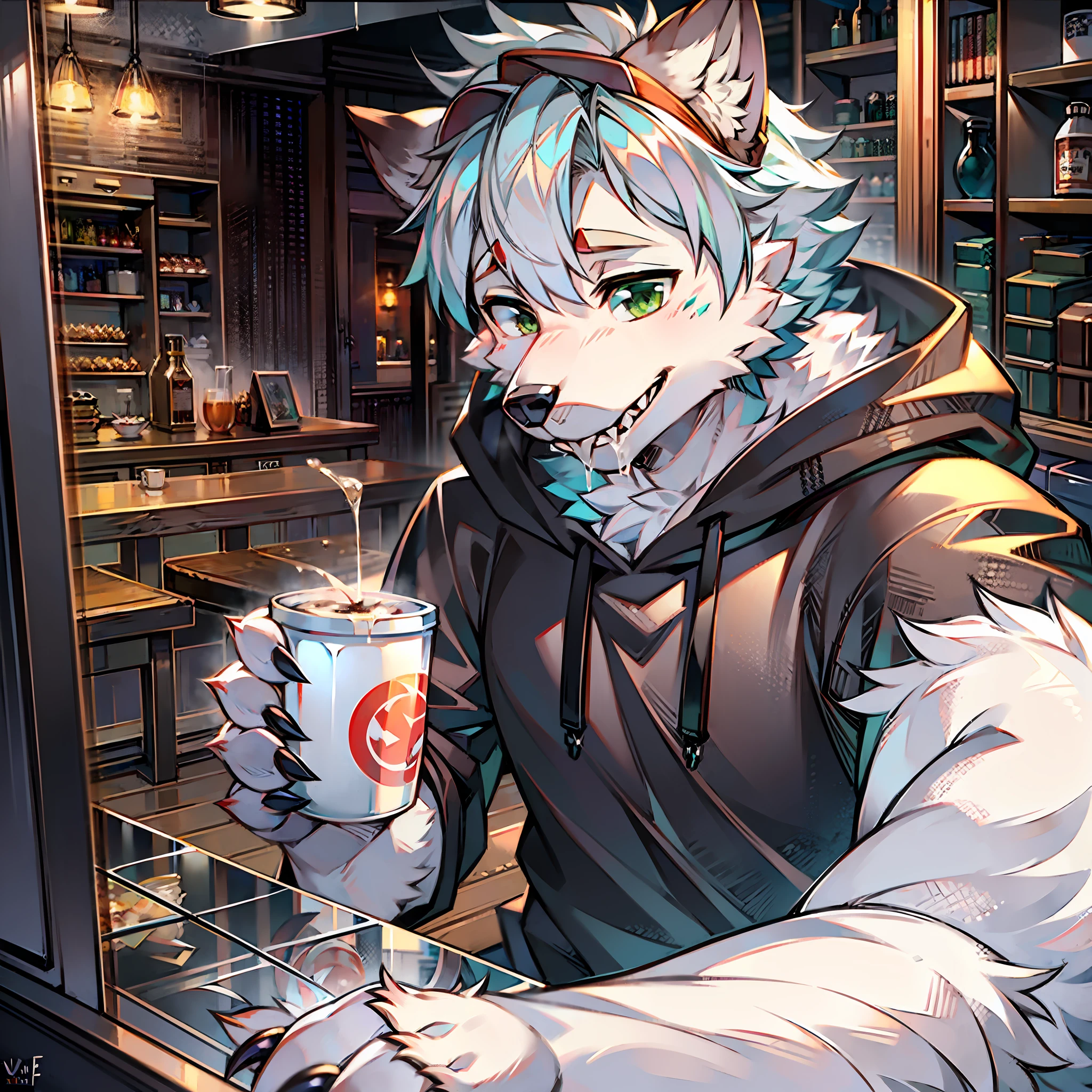 Solo, furry, male ice wolf, silver reflective hair, white skin, gray ears, dark green eyes, sharp claws, huge fluffy tail, wearing a black hoodie, wearing a red baseball cap, drinking coffee, detailed background, café