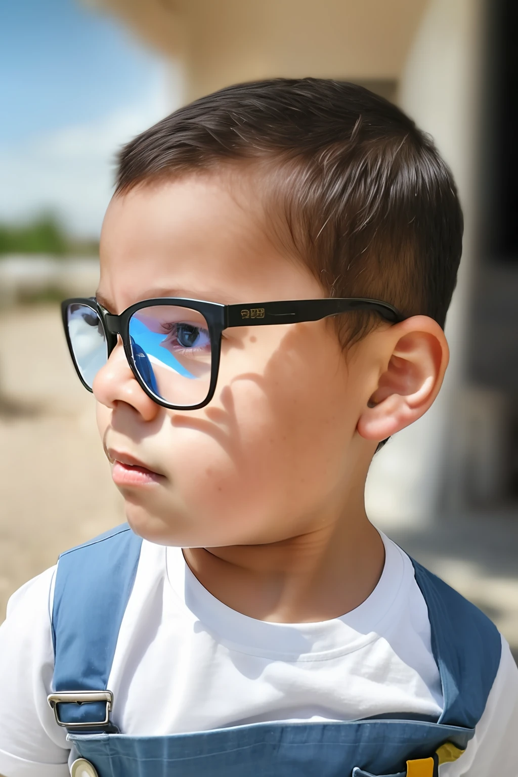 guttonerdvision4, award-winning photography, 3  boy, 1boy, realistic, detailed, sharp face, real skin, pores, short, outdoor, brown eyes, glasses, brown hair, military cut, best quality, day, masterpiece, colorful, white t-shirt, saddlery, portrait, wearing overalls jeans, looking at the viewer, photorealism, uhd, 8k