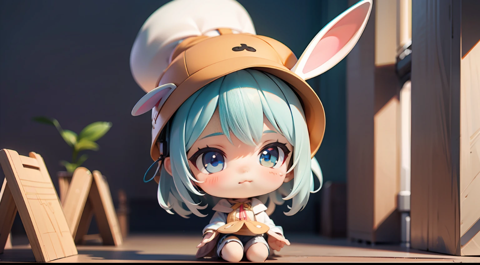 Blind box style, with rabbit ears hat, Full body, Look at the camera, Pop mart, octane rendering, ultra details, edgelighting, chibi, The best quality, HD, C4D, chiaroscuro, 8K